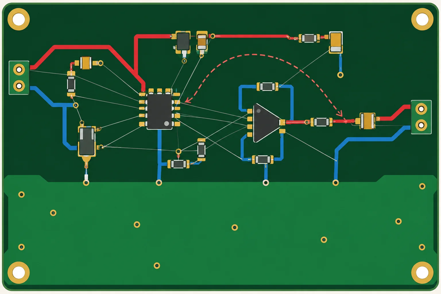 Diagrama de uma placa com linhas pendentes retas entre pads e uma rota possível curva que não segue a linha.