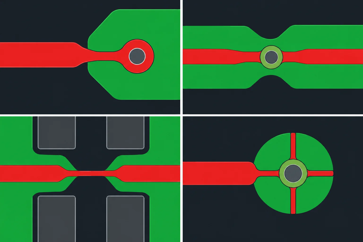 Diagrama de uma placa com entrada estreita em pad, via, pescoço de zona e raios térmicos destacados como possíveis gargalos.