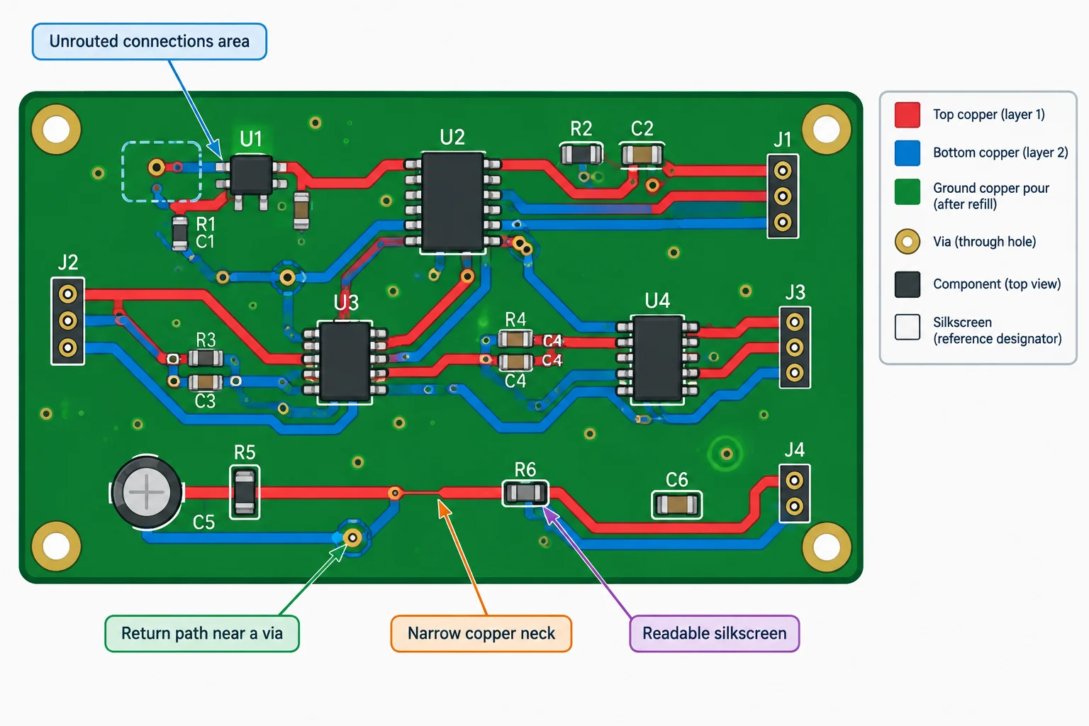 Diagrama de uma pequena placa de duas camadas roteada, com trilhas nas duas faces, vias, zona de referência preenchida, um gargalo de cobre e serigrafia posicionada fora dos pads.