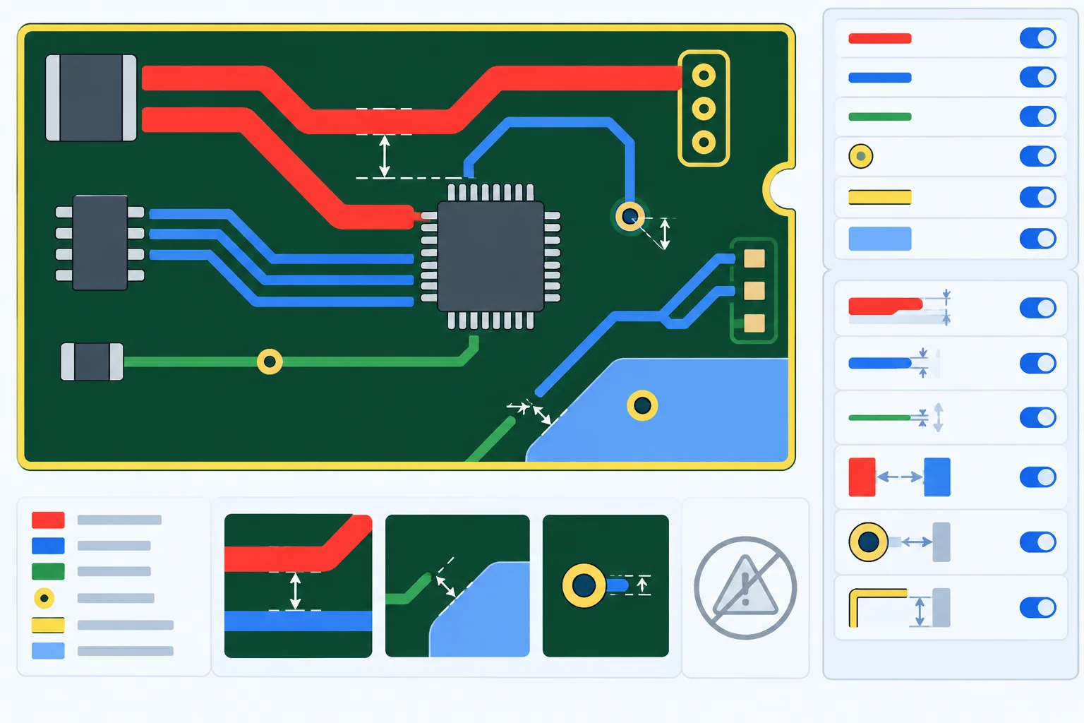Placa com trilhas de larguras diferentes, via, borda e um painel visual de regras e verificações desativadas.
