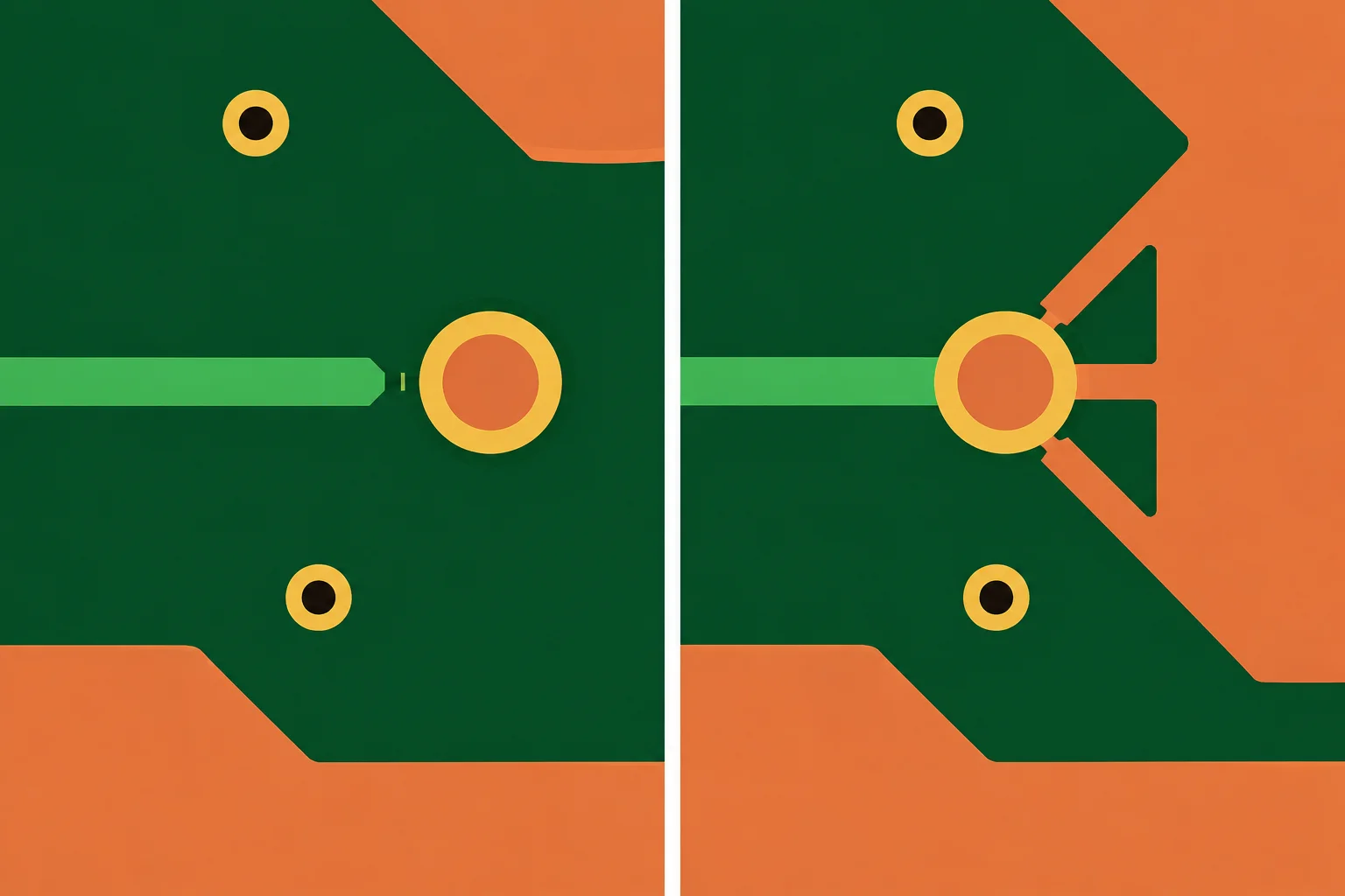 Comparação entre uma trilha que termina pouco antes de um pad e um pad conectado a uma zona preenchida por alívios térmicos.