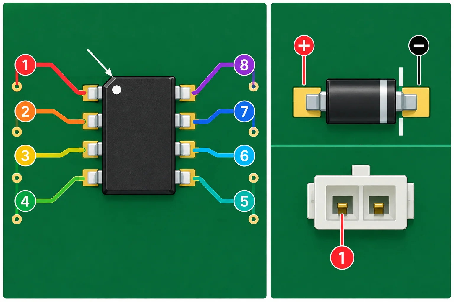 Diagrama de uma placa mostrando um circuito integrado com indicação de pino 1, um diodo polarizado e um conector com orientação de encaixe.