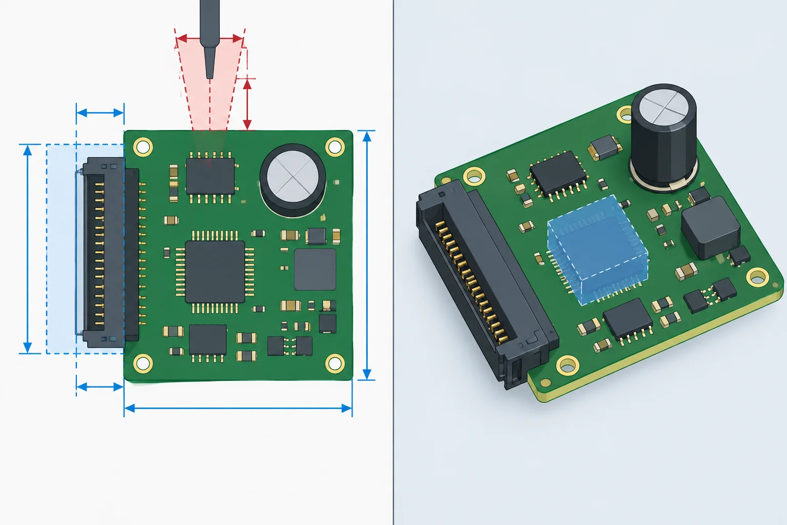 Comparação entre uma vista 2D cotada da placa e uma vista 3D com modelos simplificados.