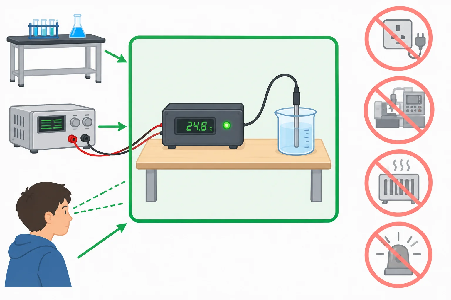 Diagrama que separa o monitor didático de bancada, alimentado em baixa tensão e usado para observação, de usos excluídos como rede elétrica, controle de máquinas e funções críticas de segurança.