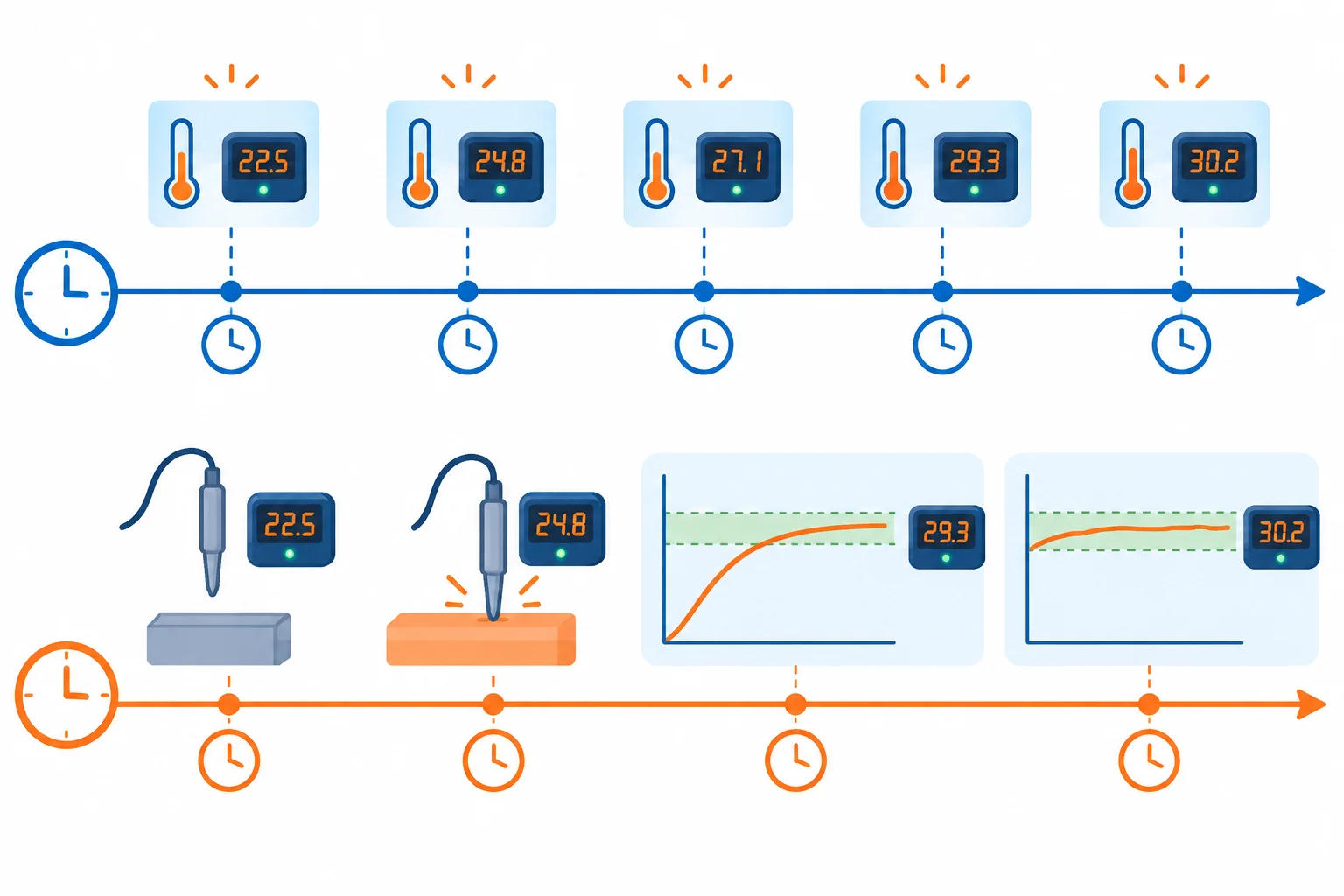 Duas linhas do tempo: a superior mostra resultados novos aparecendo em intervalos regulares; a inferior mostra uma mudança física de temperatura seguida pela aproximação da saída a uma faixa-alvo.