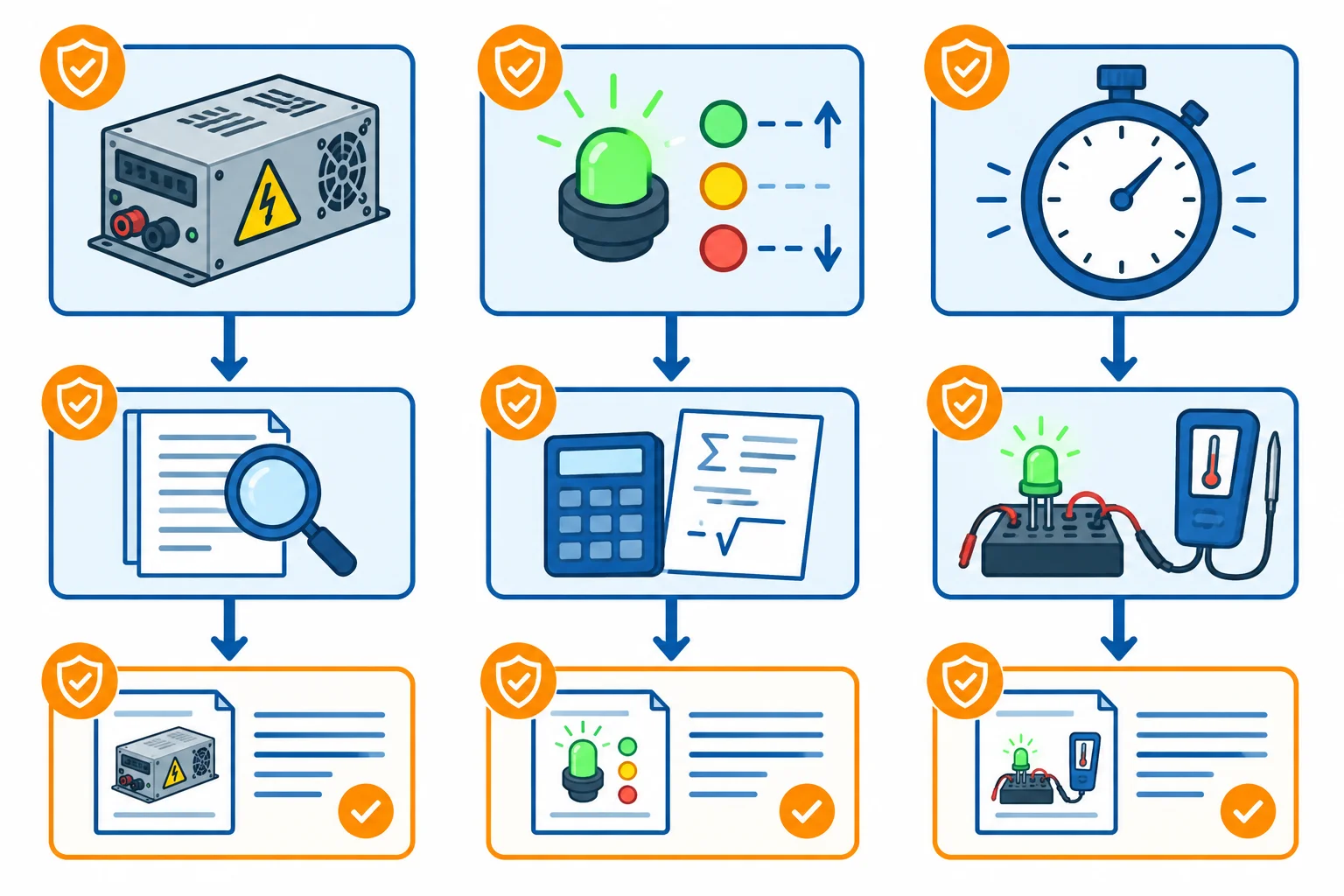 Diagrama mostrando requisitos identificados ligados a inspeção, cálculo ou ensaio e aos registros de evidência correspondentes.