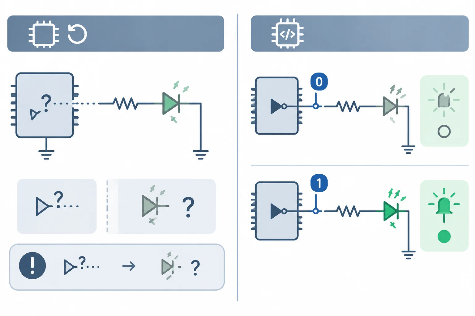 Comparação entre GPIO em reset, cujo estado do LED pode não ser garantido apenas pelo firmware, e GPIO configurado, que controla o LED ativo em nível alto.