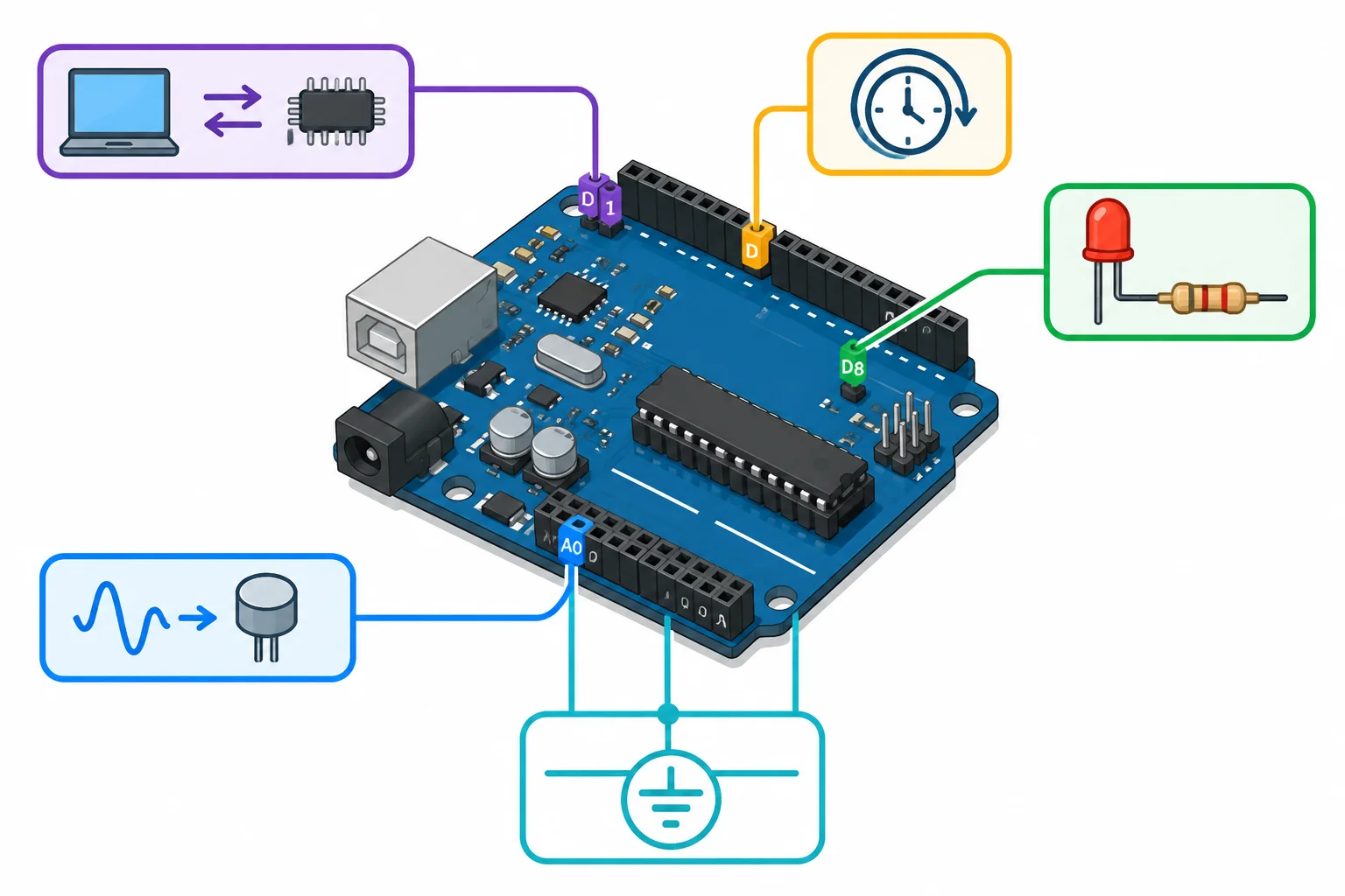 Diagrama de uma placa estilo Uno com A0 para sinal analógico, D8 para LED, D0/D1 ligados à serial USB, Timer0 para base de tempo e uma referência compartilhada do ADC.