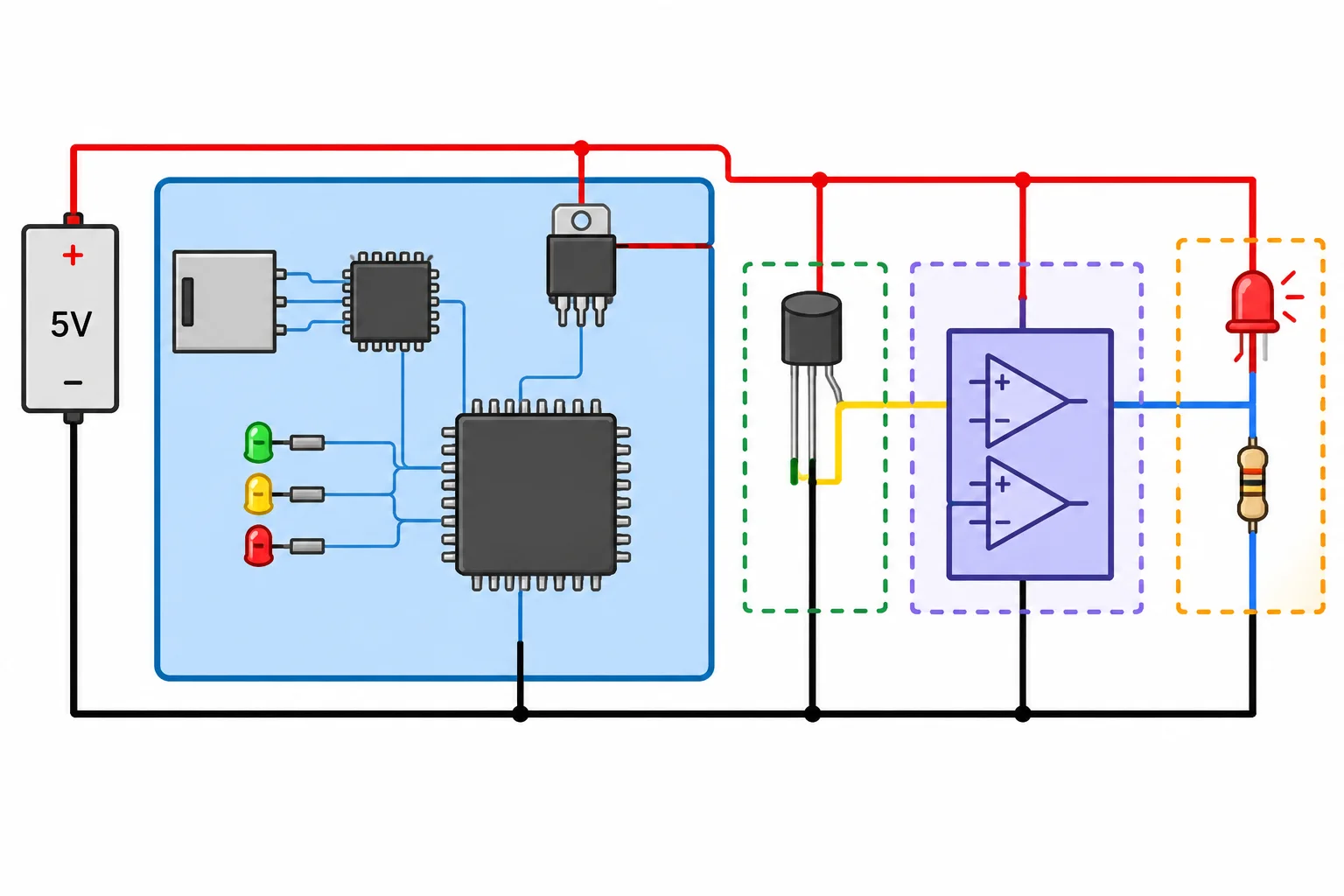 Diagrama de uma fonte de 5 V alimentando uma placa Uno R3 e cargas externas, com a fronteira da placa separando microcontrolador, interface USB, indicadores e regulador dos blocos TMP36, MCP6002 e LED externo.