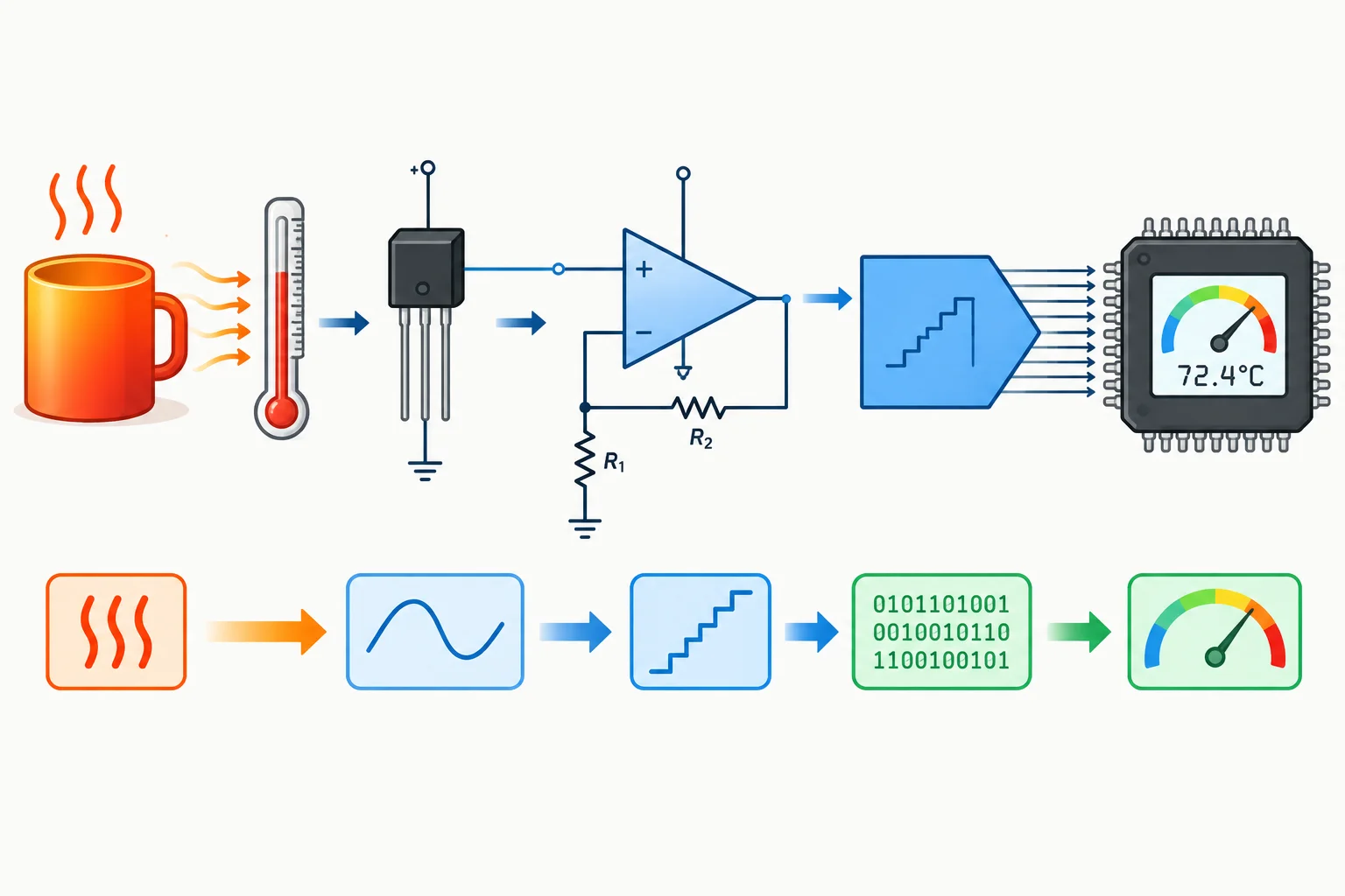 Diagrama em sequência mostrando temperatura, sensor analógico, amplificador não inversor, ADC e microcontrolador.
