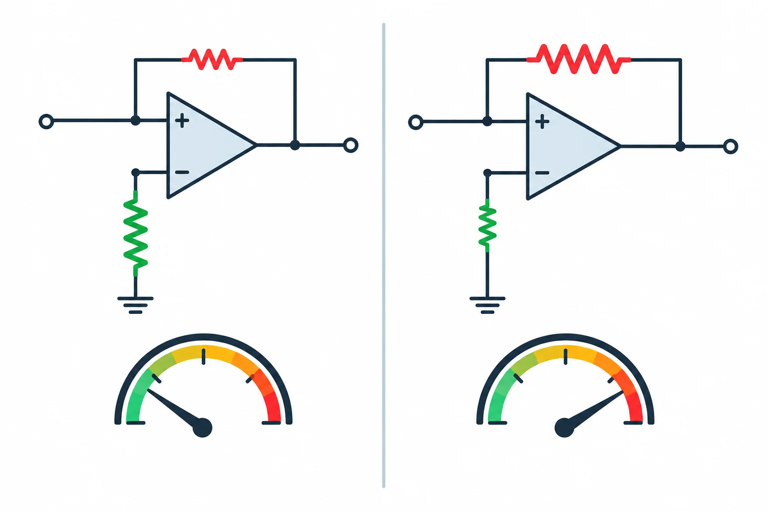 Diagrama de amplificador não inversor mostrando Rf baixo e Rg alto levando a ganho menor, e Rf alto e Rg baixo levando a ganho maior.