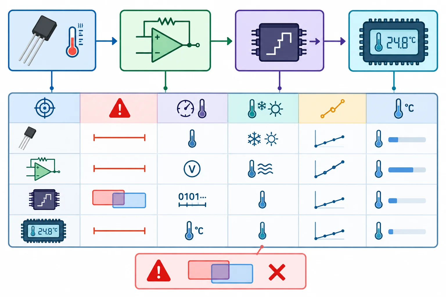 Diagrama da cadeia de medição ligado a uma tabela de rastreabilidade; duas especificações sobrepostas do ADC são destacadas como conflito.