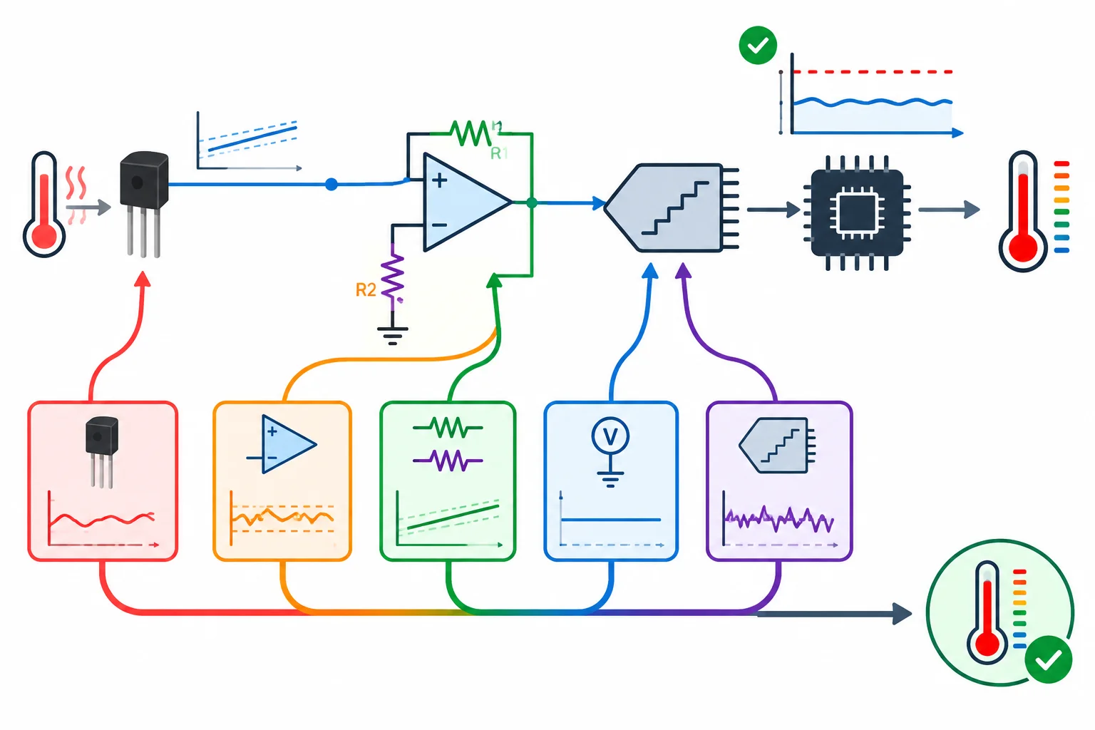 Diagrama da cadeia de temperatura com sensor, amplificador, ADC e firmware; cinco fontes de desvio convergem para o resultado calculado.