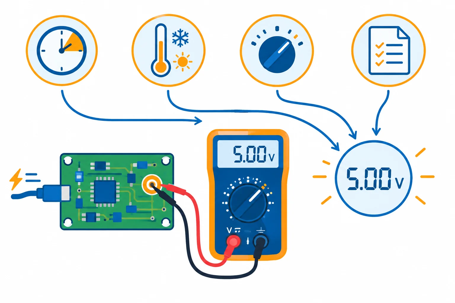 Diagrama de um ponto de teste de 5 V medido por multímetro, ligado visualmente à janela de observação, à temperatura ambiente, à faixa selecionada e ao procedimento.