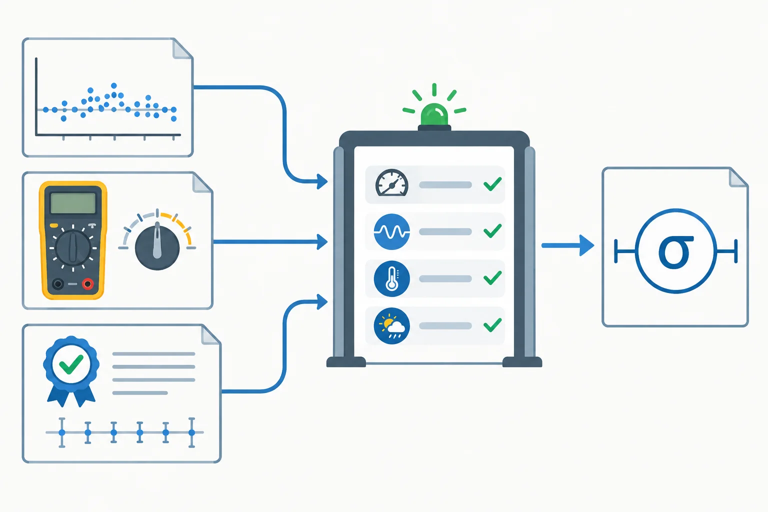 Diagrama mostrando leituras repetidas, especificação do instrumento e certificado de calibração passando por uma verificação de aplicabilidade antes de gerar uma incerteza padrão.