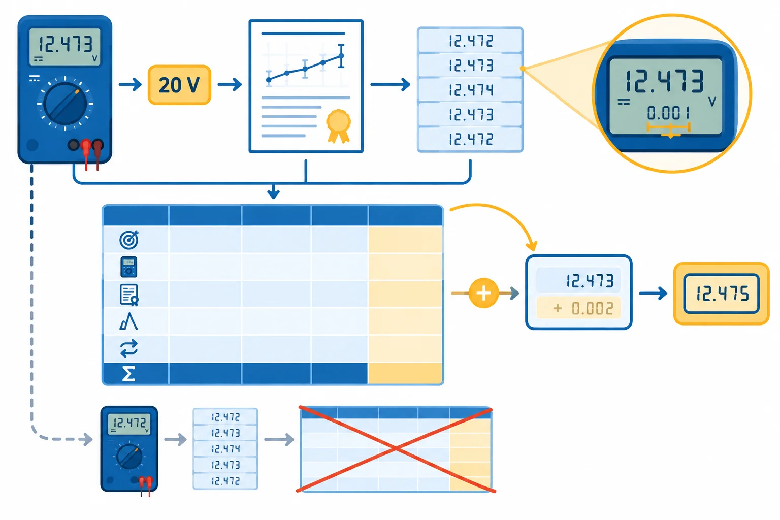 Diagrama de fontes distintas — calibração, leituras repetidas e incremento do visor — chegando a linhas separadas de um orçamento, enquanto uma correção é aplicada diretamente ao resultado.