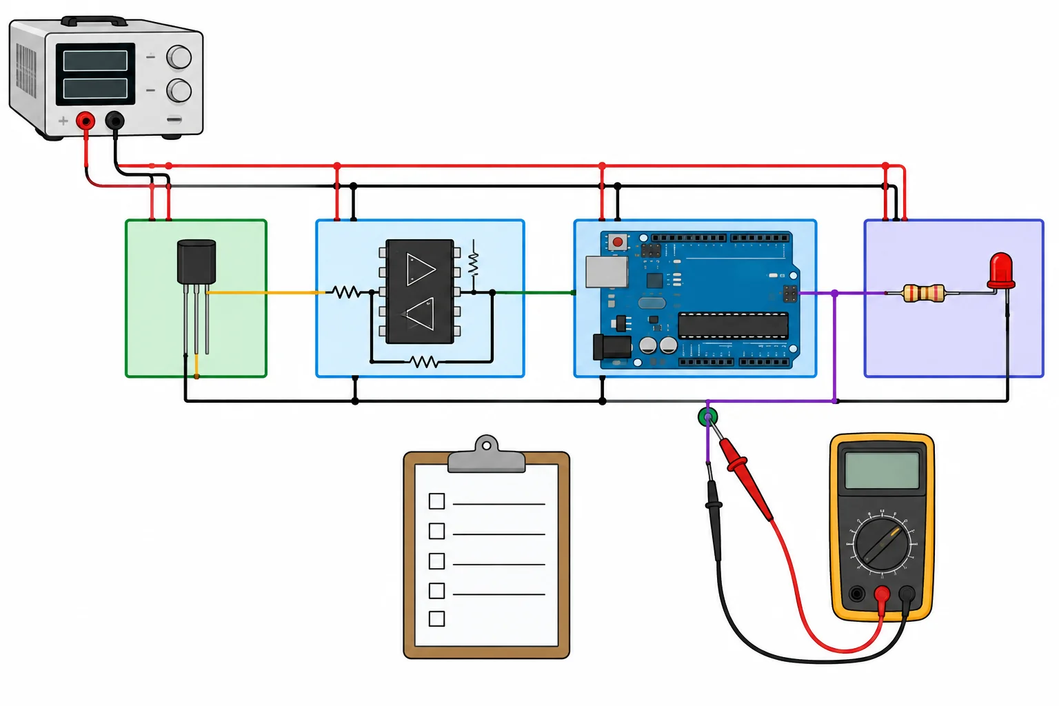 Diagrama de blocos do monitor de temperatura alimentado por uma única fonte limitada, com ponto de teste e plano de registro.