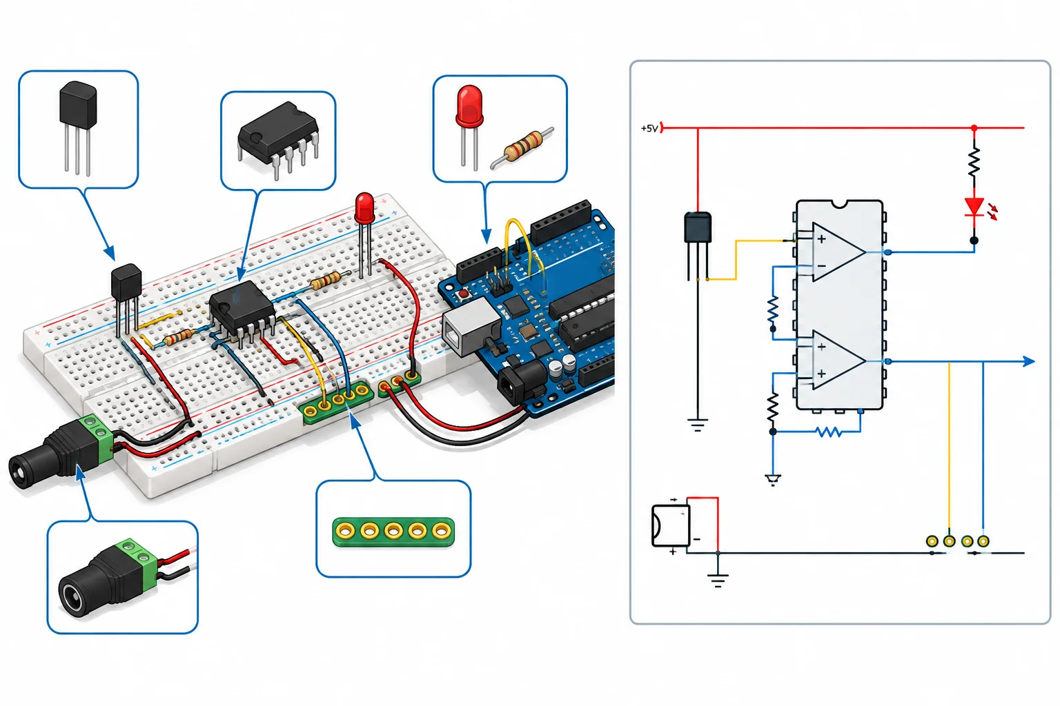 Diagrama comparando uma montagem de baixa tensão com seu esquema, destacando sensor, amplificador operacional, conector de alimentação e pontos de teste.