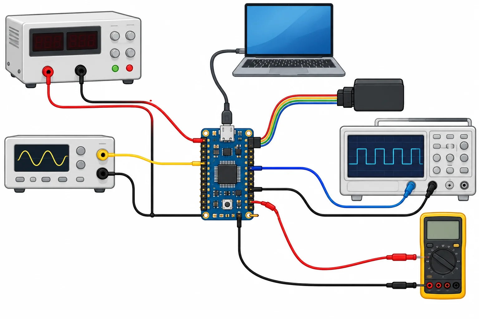 Diagrama de uma montagem conectada a fonte, USB, programador, sinal externo e instrumentos, mostrando os retornos de referência.