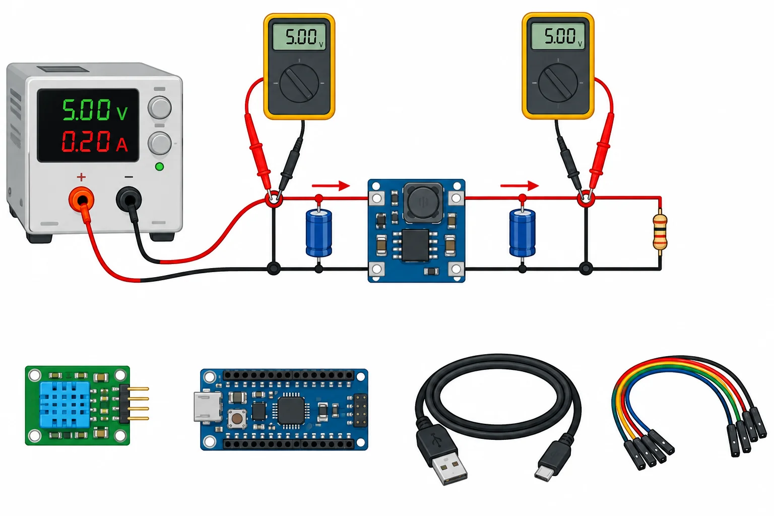 Diagrama de uma fonte limitada alimentando apenas um módulo regulador com seus capacitores e carga mínima, enquanto sensor, microcontrolador, USB e sinais permanecem desconectados.
