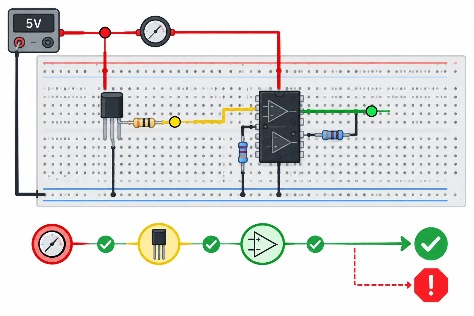 Diagrama da alimentação de 5 V para TMP36 e MCP6002, com pontos de medição na alimentação, na saída do sensor, na saída do condicionamento e na corrente de entrada.