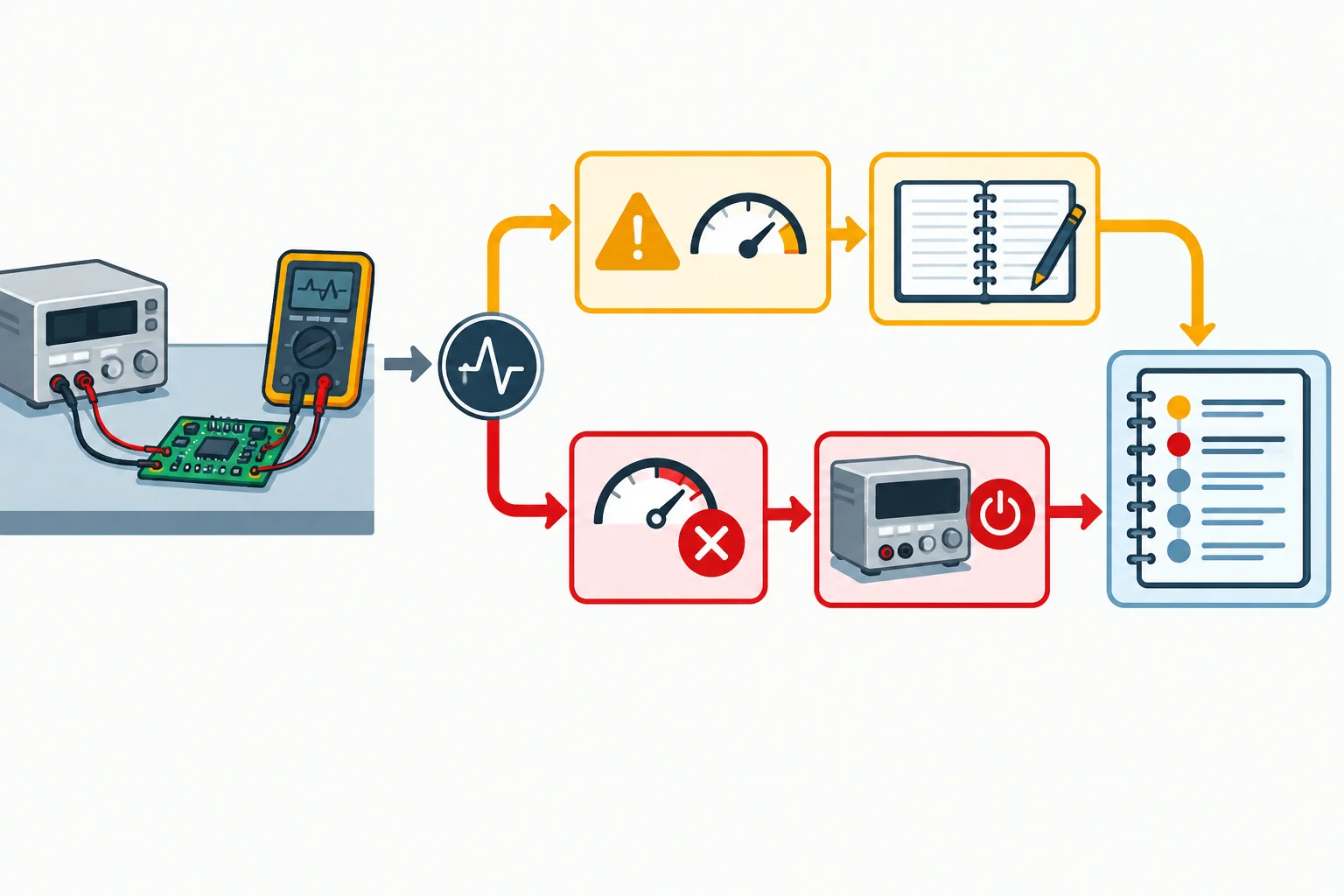 Diagrama comparando uma condição que pede investigação com um limite de interrupção que leva ao desligamento imediato.