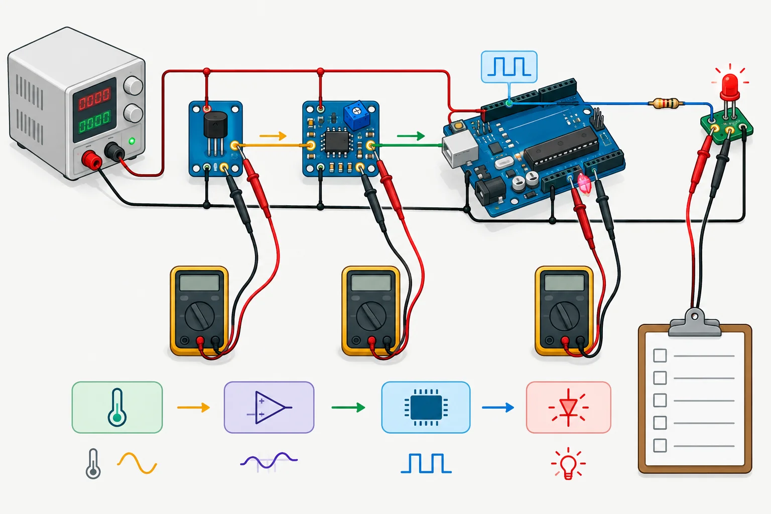 Diagrama de bancada com uma única fonte de 5 V, blocos de sensor, condicionamento, Uno R3 e LED, pontos de medição e uma lista de verificação.
