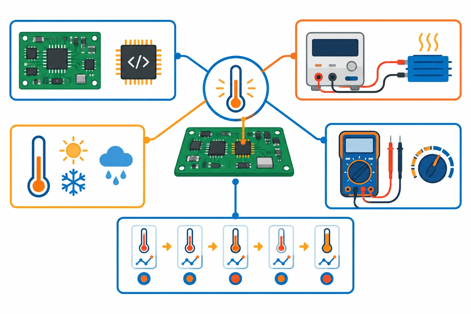 Diagrama com o ponto de ensaio no centro ligado à configuração, condições, instrumentos e sequência de registros.