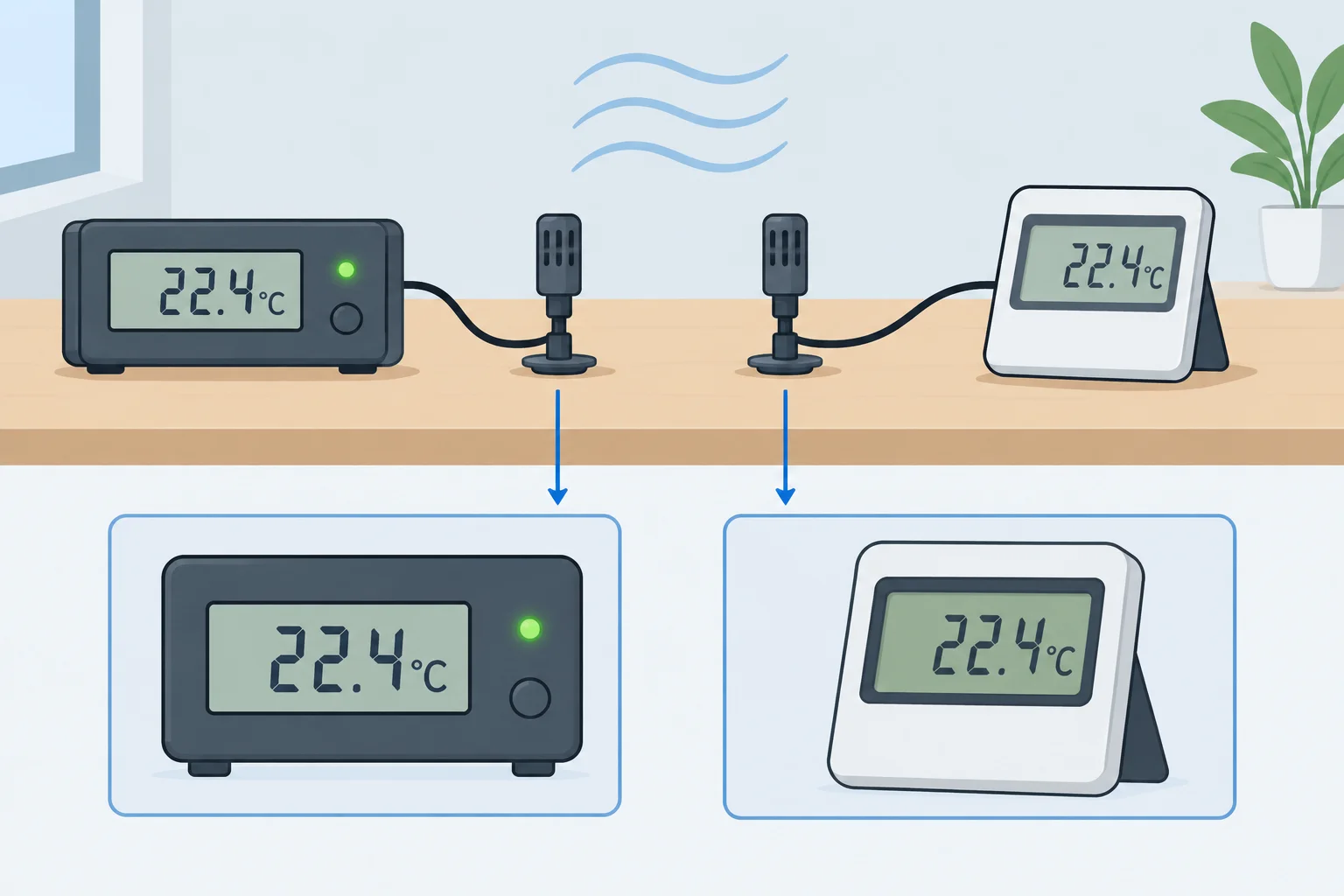 Diagrama de um sensor do monitor e uma referência independente posicionados próximos e comparando leituras na mesma condição térmica.