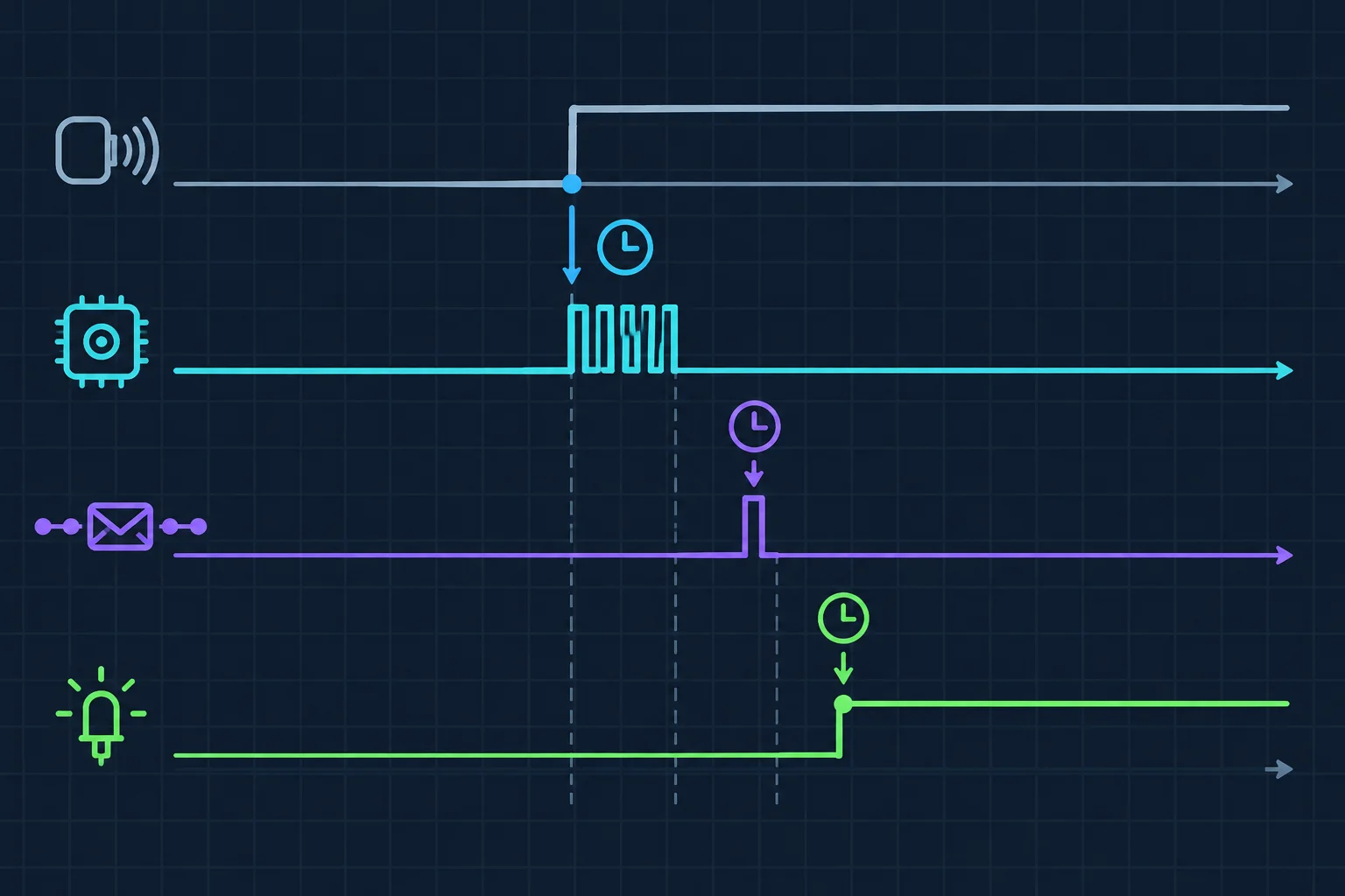 Diagrama temporal com eventos separados de aquisição, publicação serial e mudança do LED.