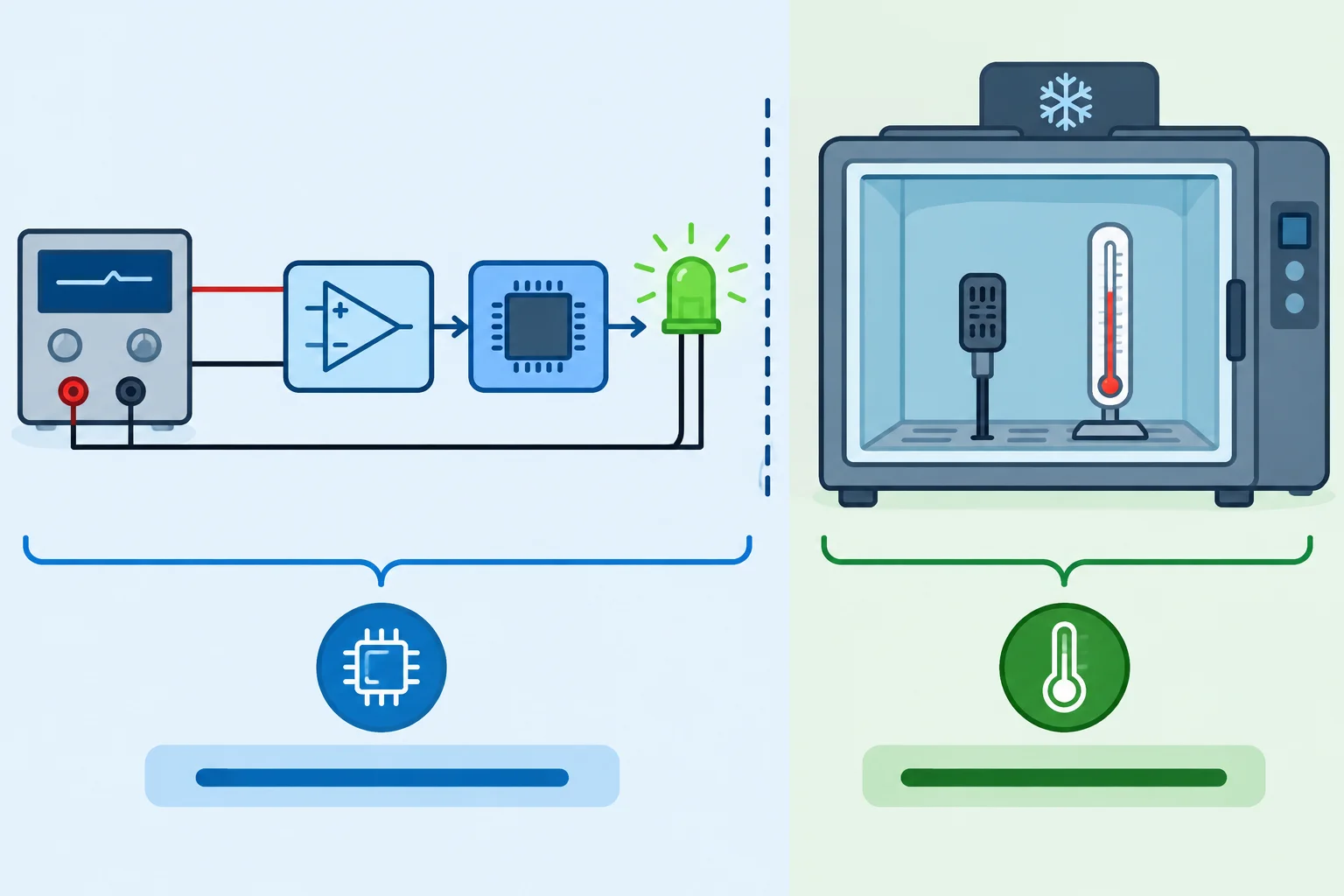 Comparação entre injeção de tensão na cadeia eletrônica e comparação física de sensor com referência independente.