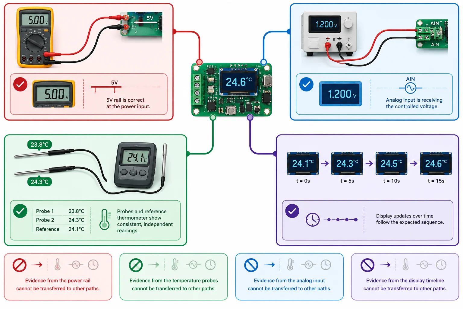 Diagrama de um monitor de temperatura com caminhos separados para ensaio de alimentação, injeção elétrica, comparação física e temporização.