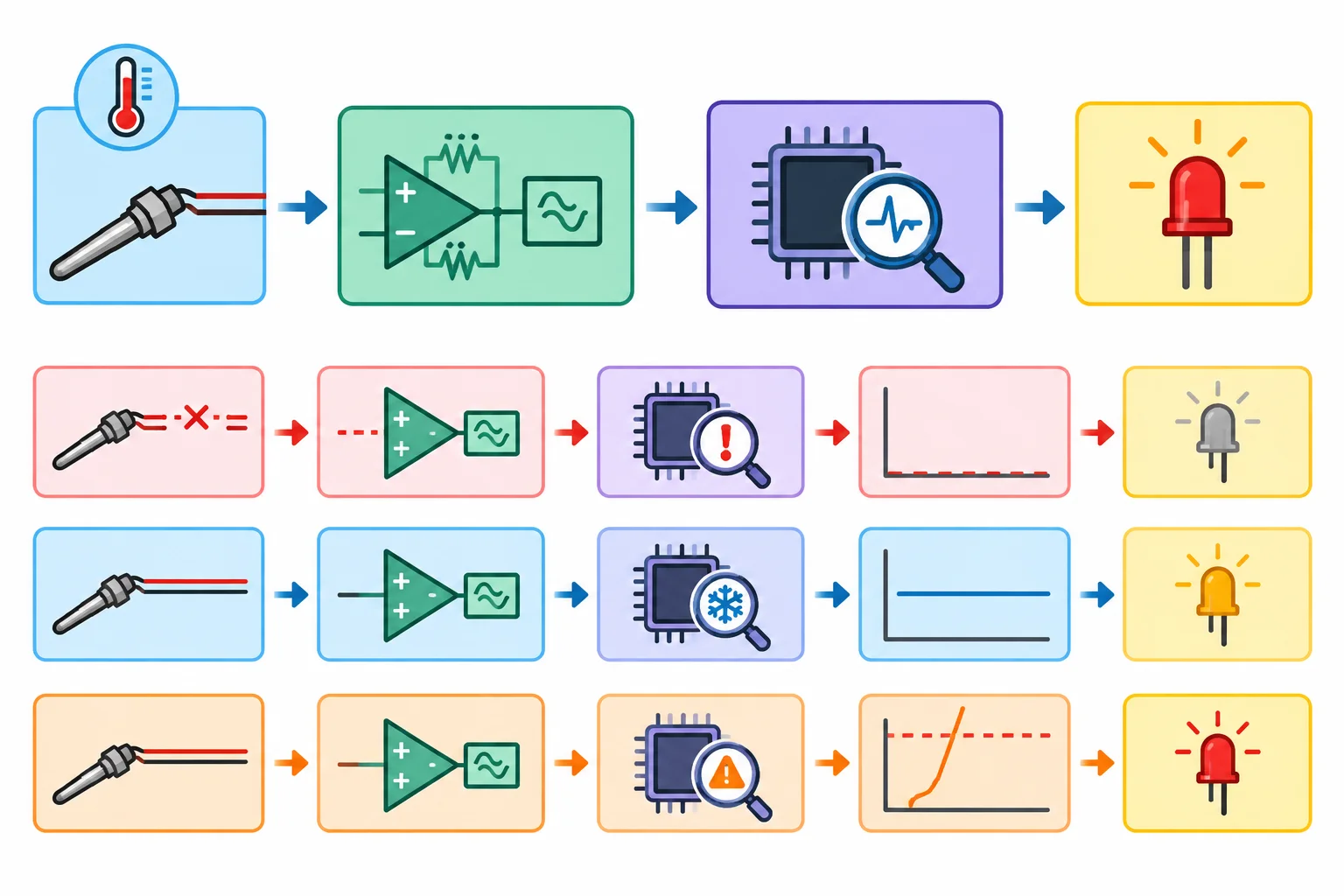 Diagrama do sensor ao LED, mostrando falhas em pontos diferentes e o diagnóstico antes da resposta da indicação.