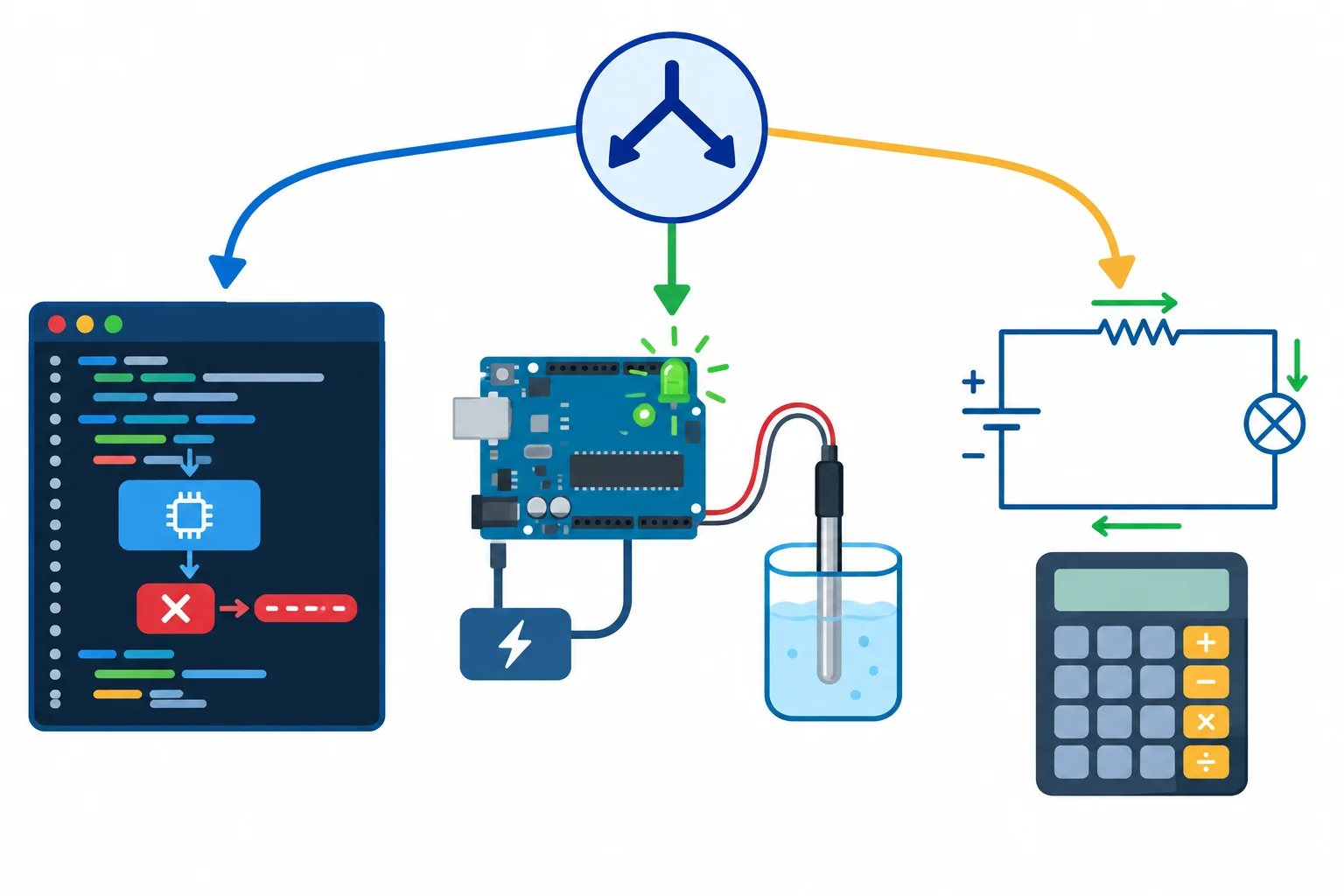 Diagrama com três caminhos: injeção no firmware depois do ADC, observação física segura de um monitor de 5 V e análise de esquema com cálculos.
