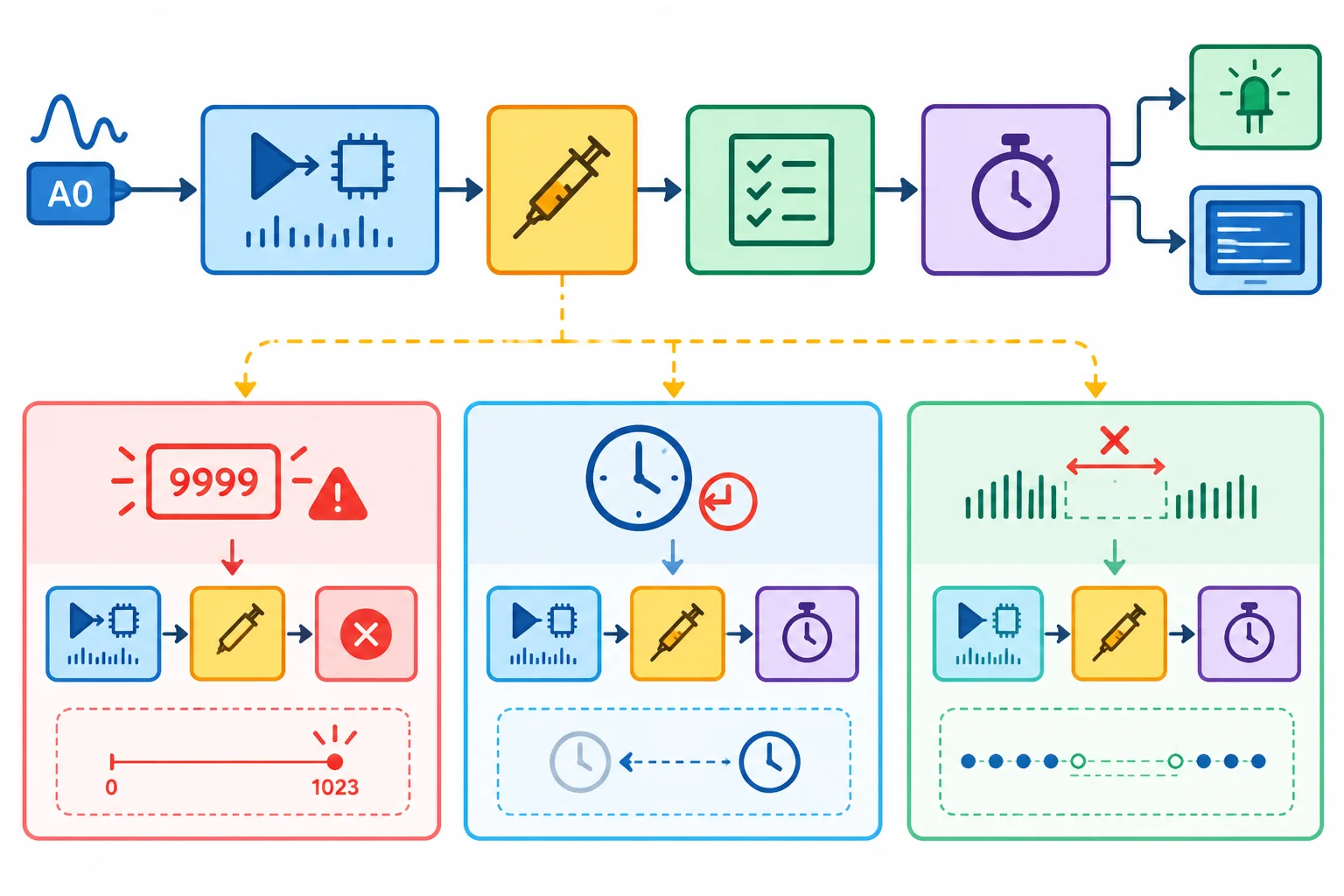 Diagrama mostra a injeção entre a aquisição e a validação, seguida pelo diagnóstico, LED integrado e registro serial.