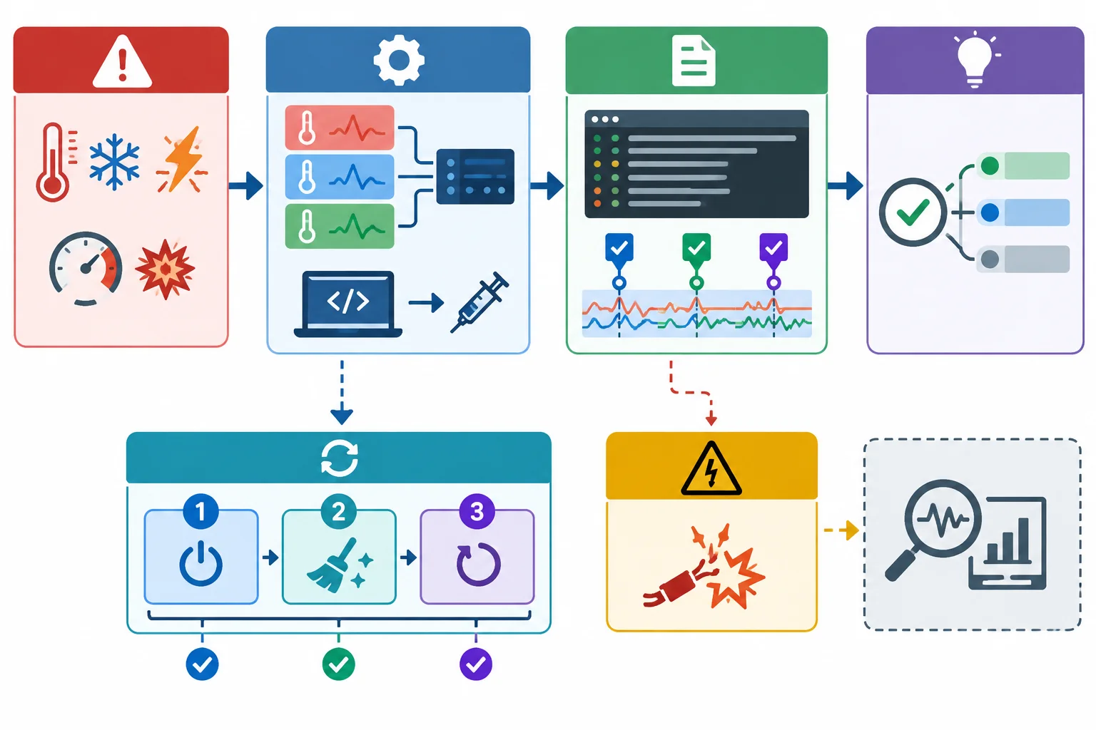 Diagrama mostrando a passagem de modo de falha para método, evidência e conclusão, com três confirmações válidas para recuperação.
