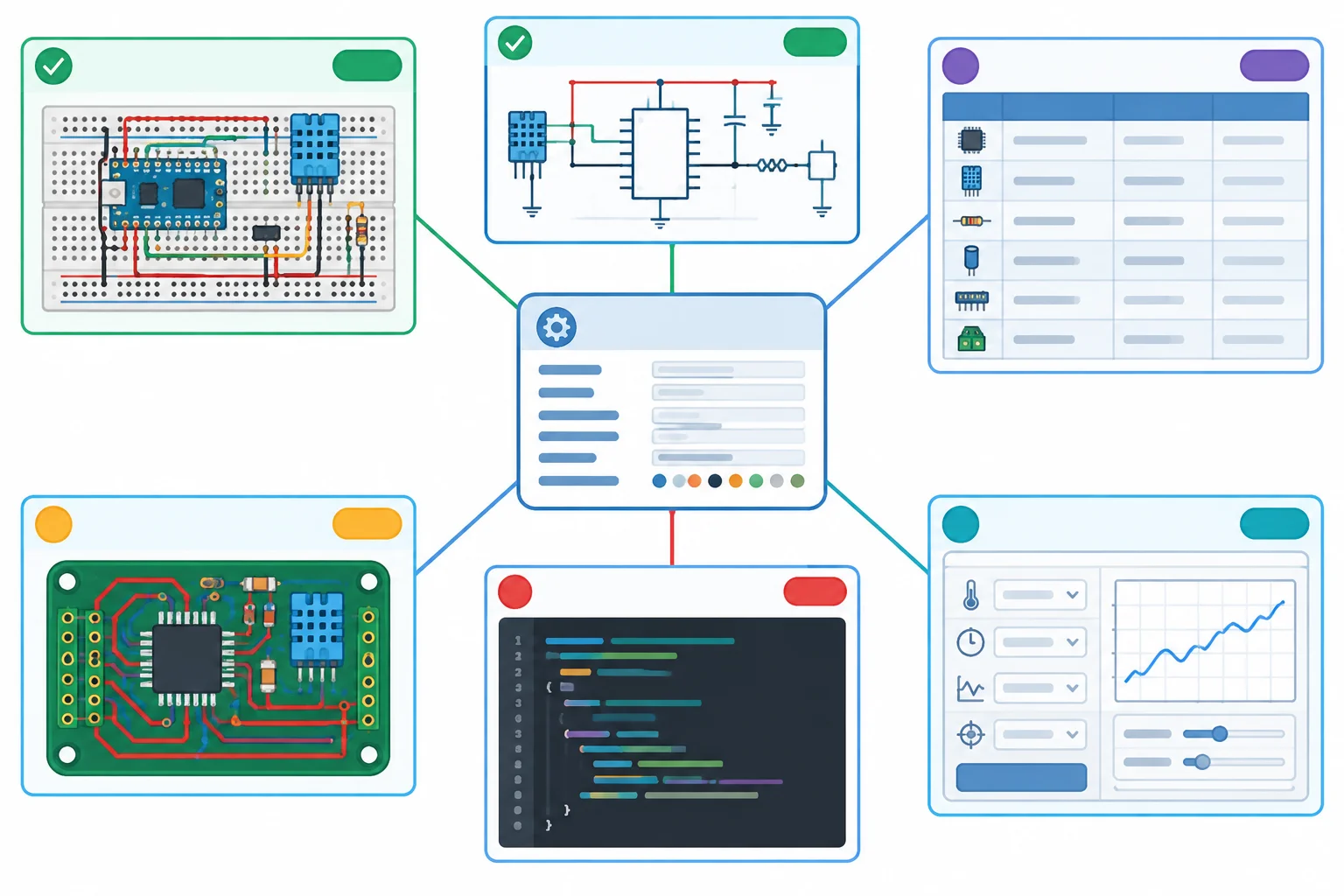 Diagrama de uma configuração de referência conectando montagem, esquemático, BOM, layout, firmware e parâmetros.