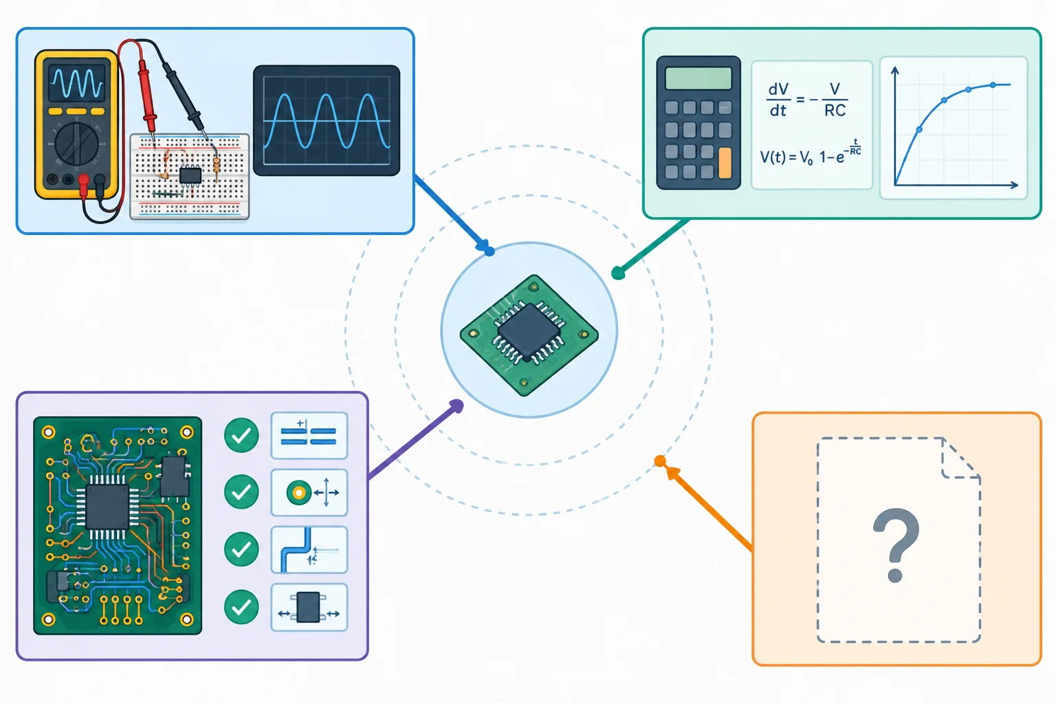 Diagrama com medição, cálculo, verificação de regras e ausência de evidência apontando para afirmações com alcances diferentes.