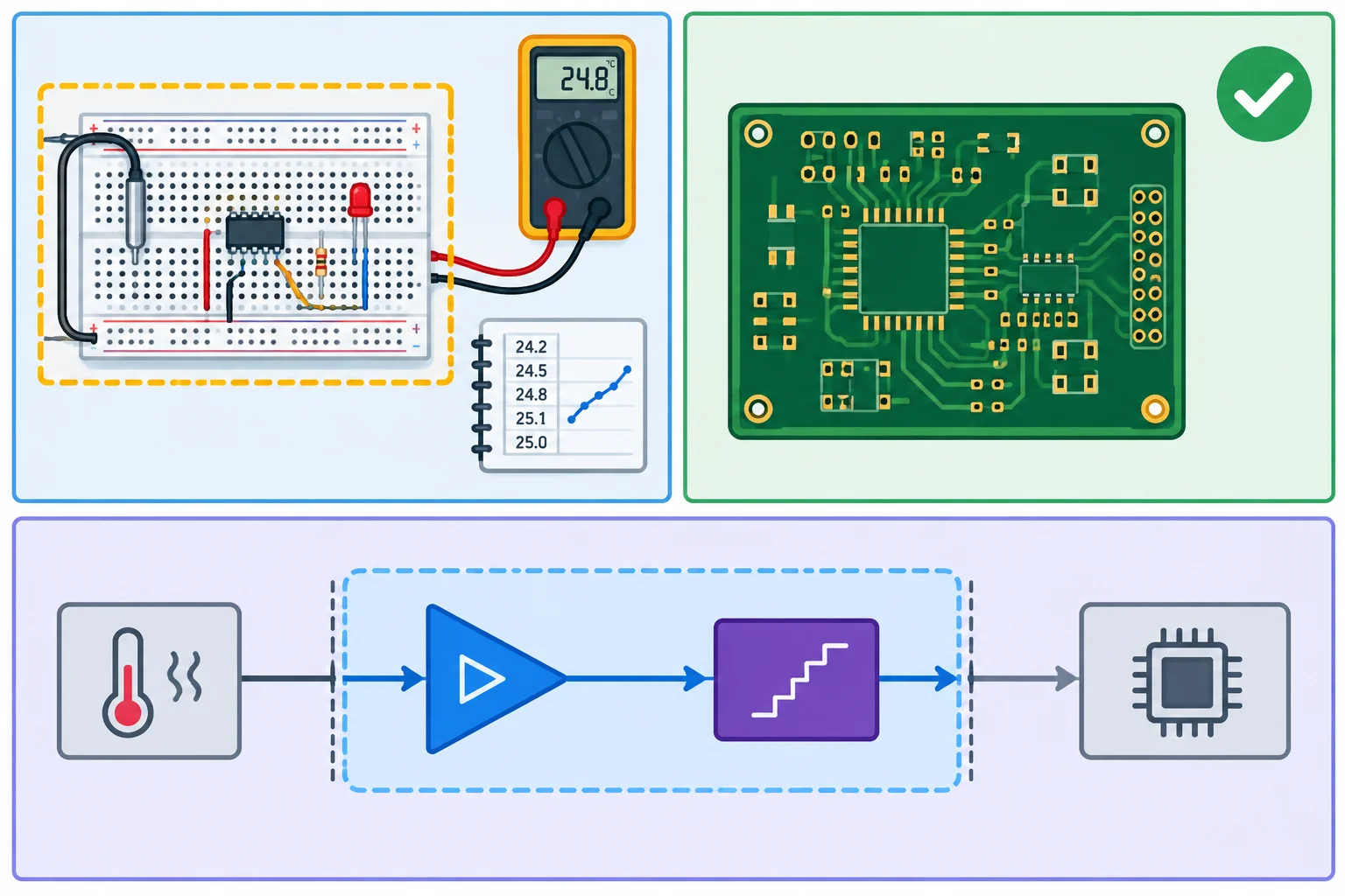 Comparação entre uma medição feita em protoboard, uma placa apenas aprovada em DRC e um ensaio que cobre somente parte da cadeia de sinal.