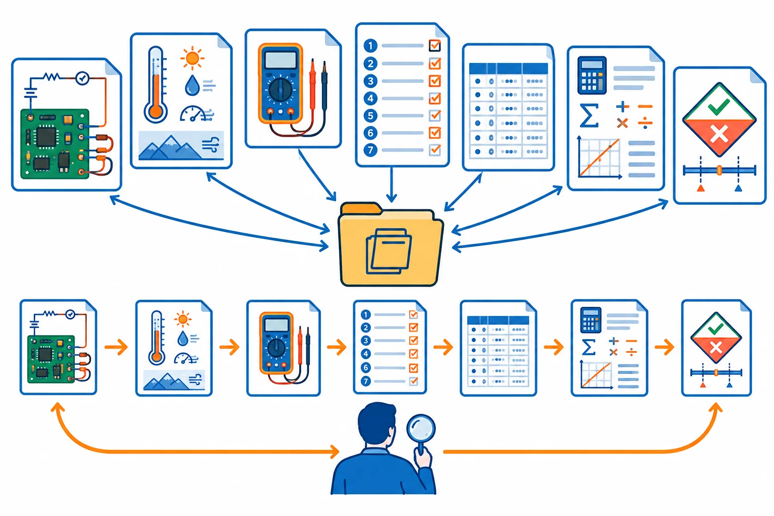 Diagrama de um pacote de evidência: configuração, condições, instrumento, procedimento, dados brutos, tratamento e decisão conectados ao resultado.