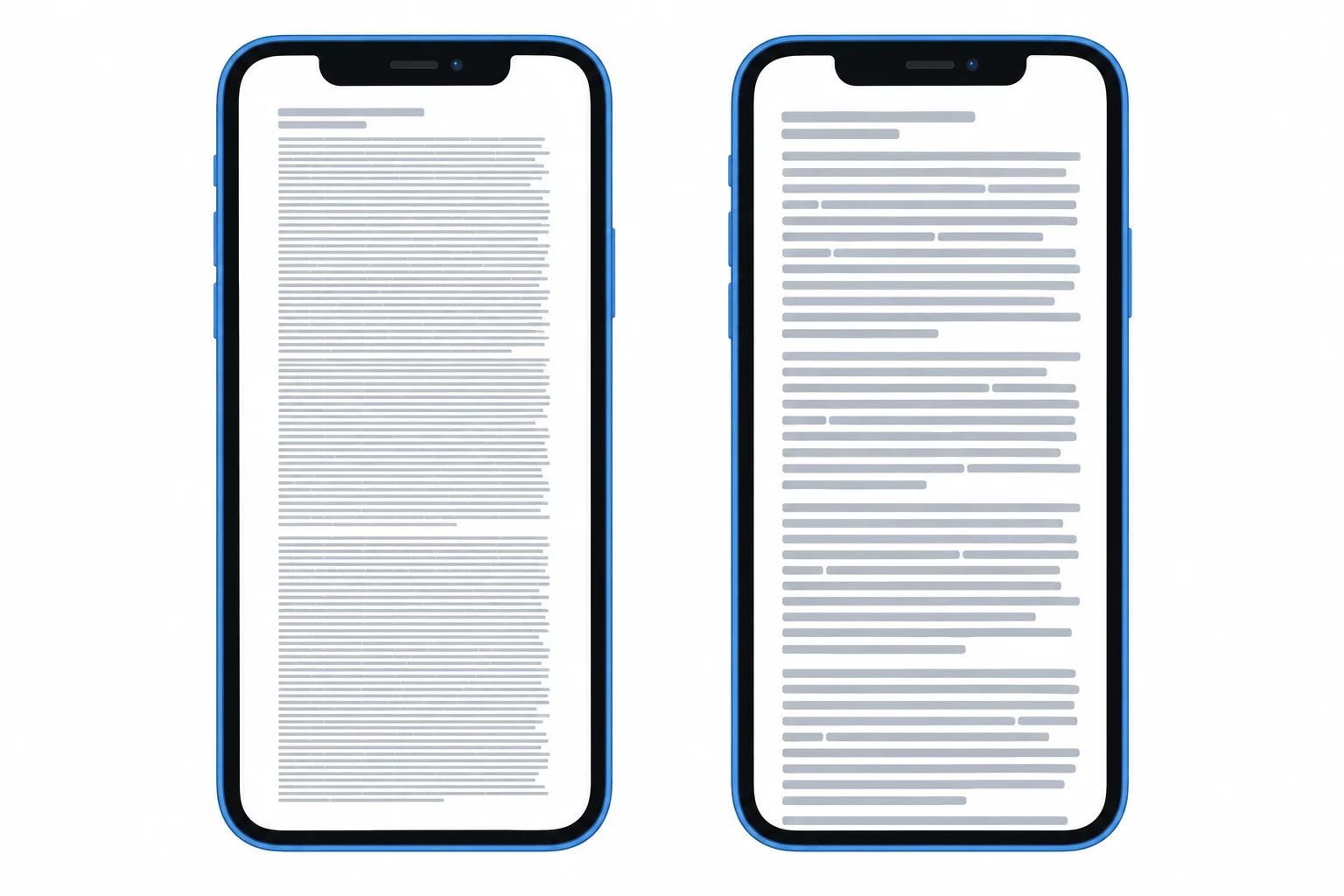 Comparação da mesma página em dois celulares: à esquerda, o conteúdo aparece reduzido; à direita, a largura do viewport acompanha a tela e o conteúdo aparece em escala maior.