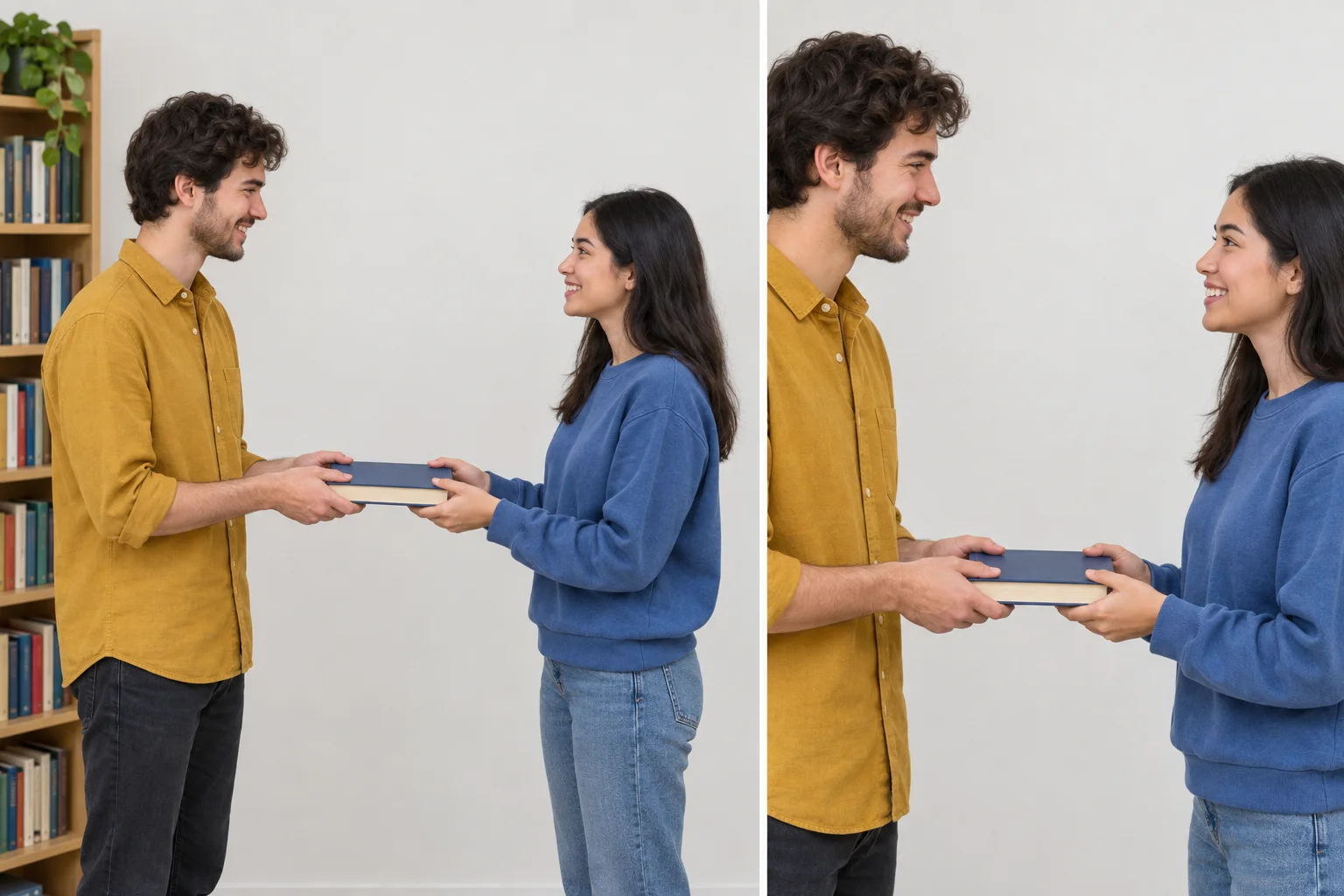 Dois enquadramentos da mesma entrega de um livro: ambos mostram a voluntária e a estudante; só o amplo inclui uma estante.