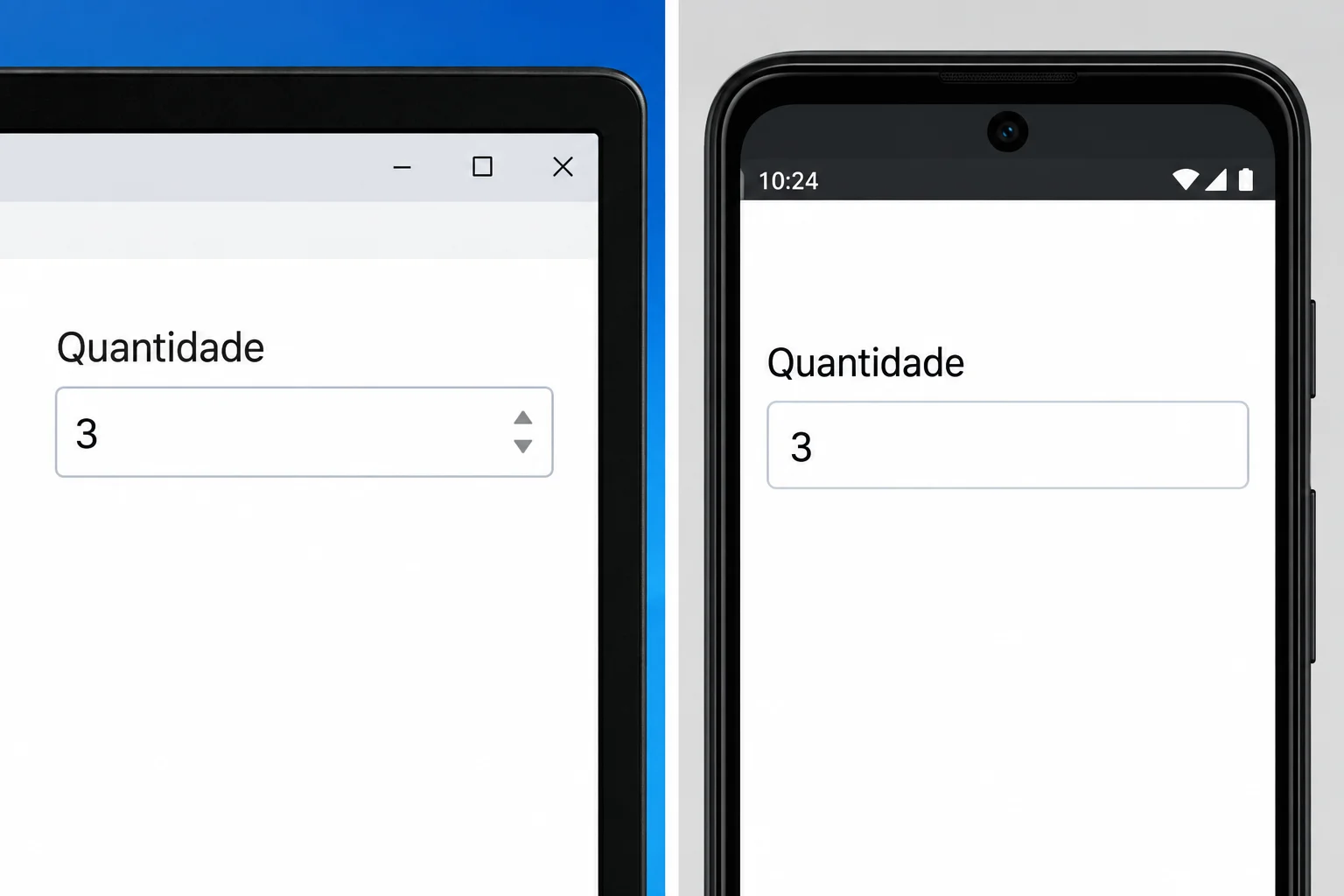 Dois campos de quantidade com o valor 3. No computador, há pequenas setas à direita; no celular, o campo aparece sem essas setas.