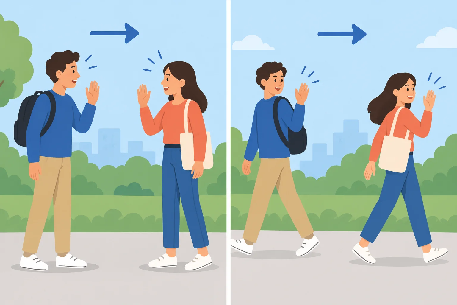 Comparação visual entre pessoas se encontrando e pessoas se despedindo.