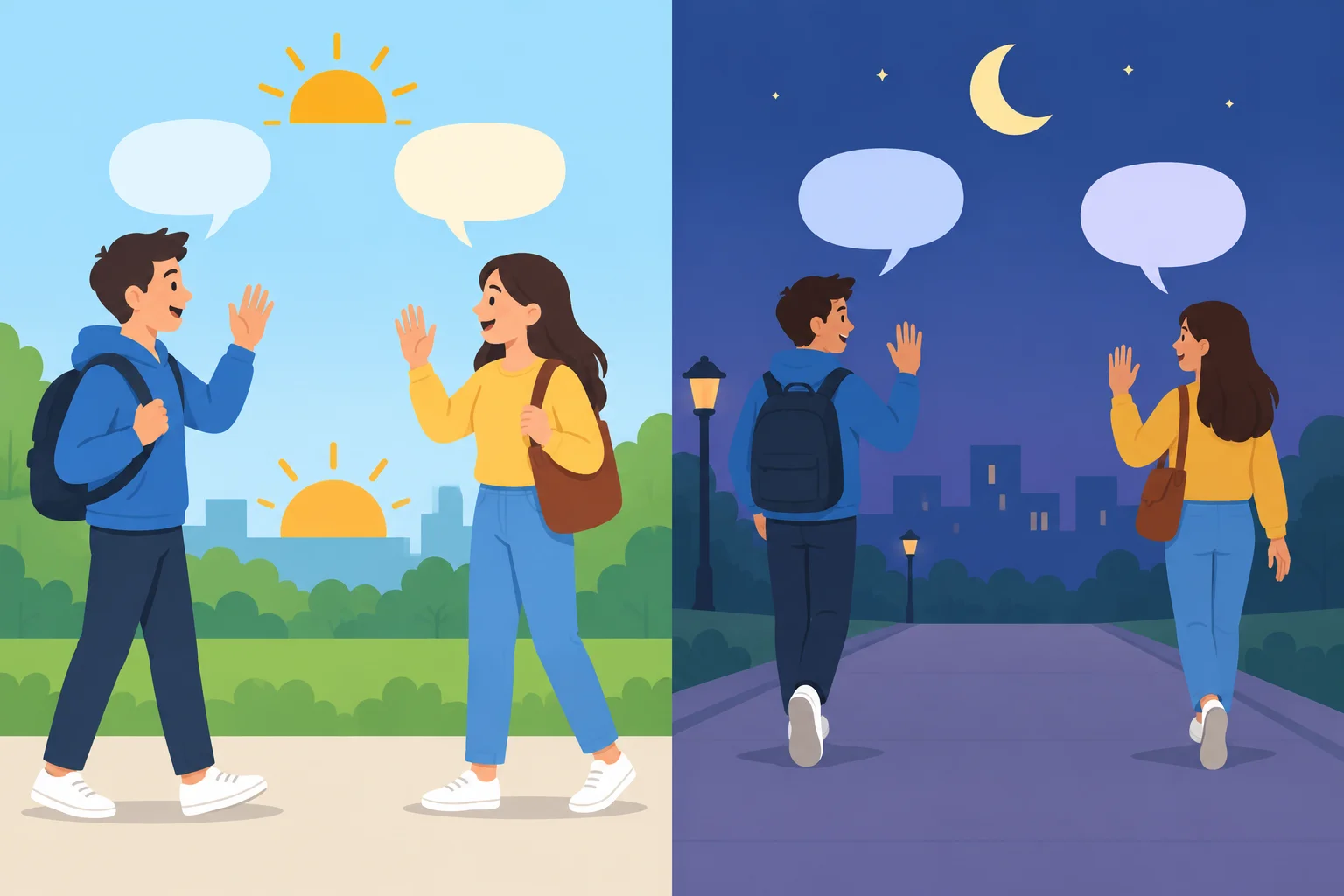 Comparação visual entre duas pessoas chegando e se cumprimentando, e duas pessoas saindo e se despedindo à noite.