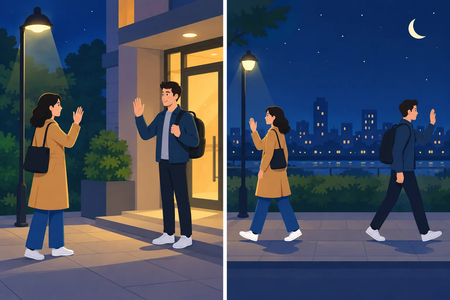Comparação visual: pessoas se encontrando à noite à esquerda e se despedindo à noite à direita.