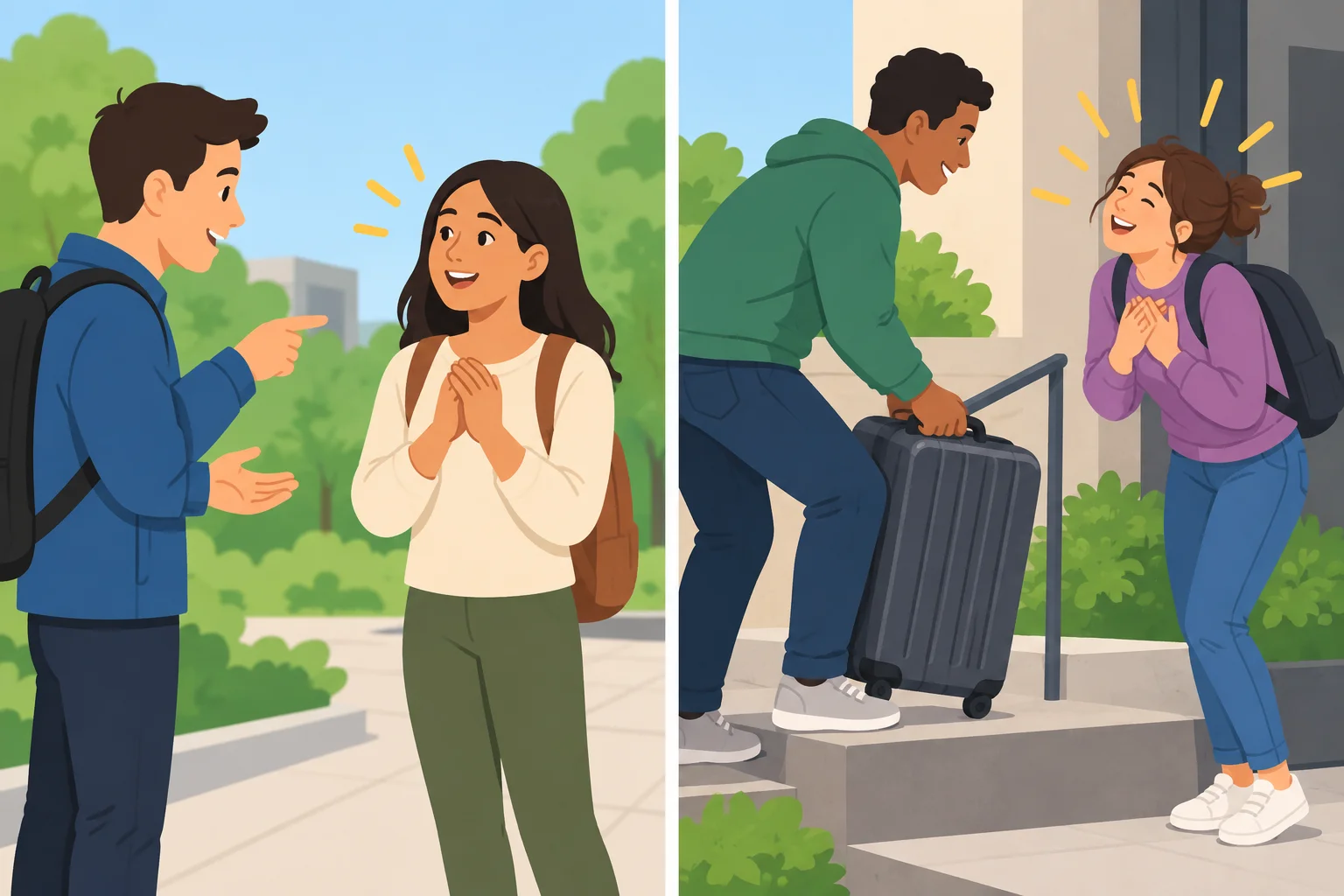 Duas situações lado a lado: uma ajuda simples e outra mais importante, mostrando que o agradecimento pode ter mais ênfase.