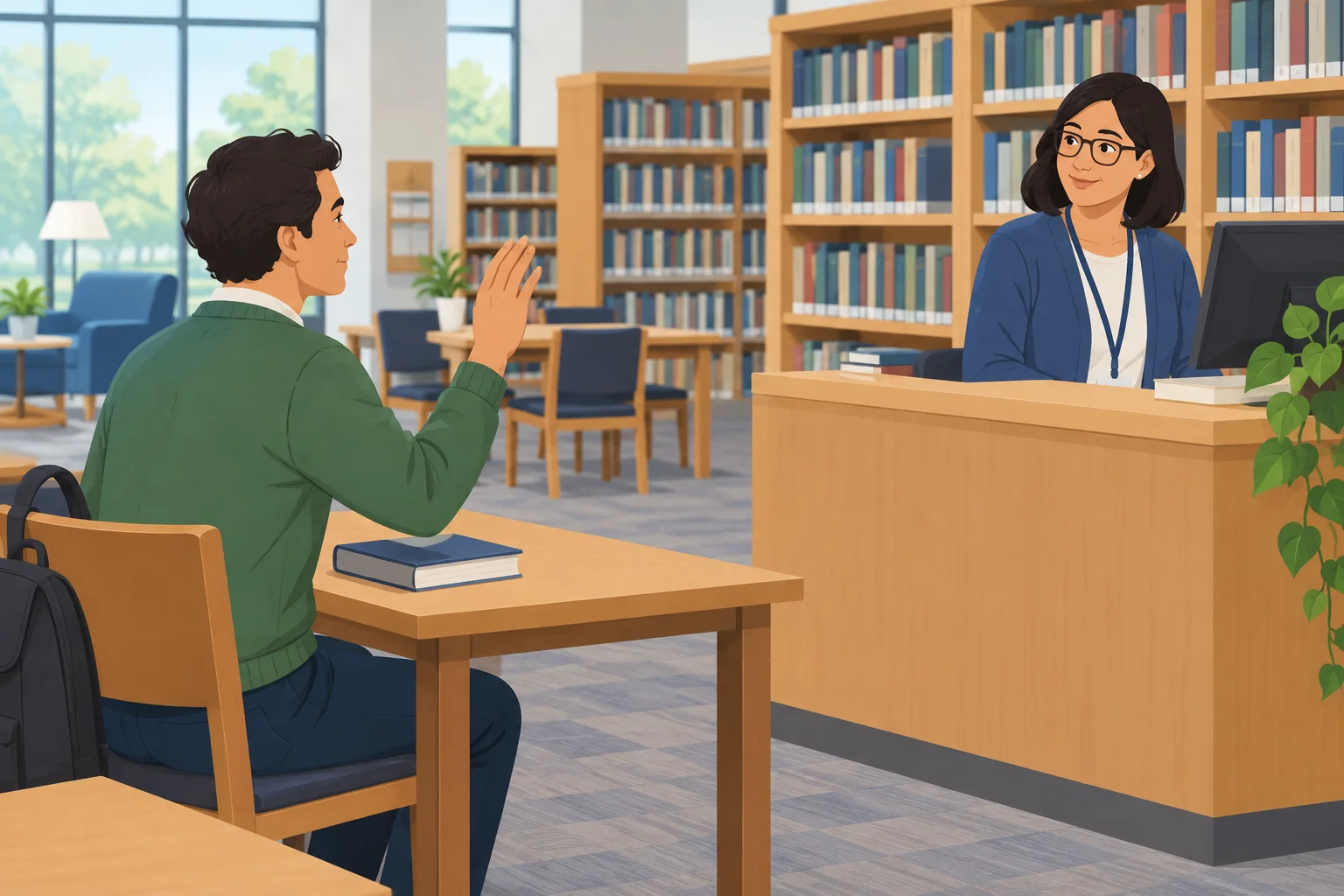Pessoa levantando levemente a mão para chamar a atenção de uma bibliotecária.
