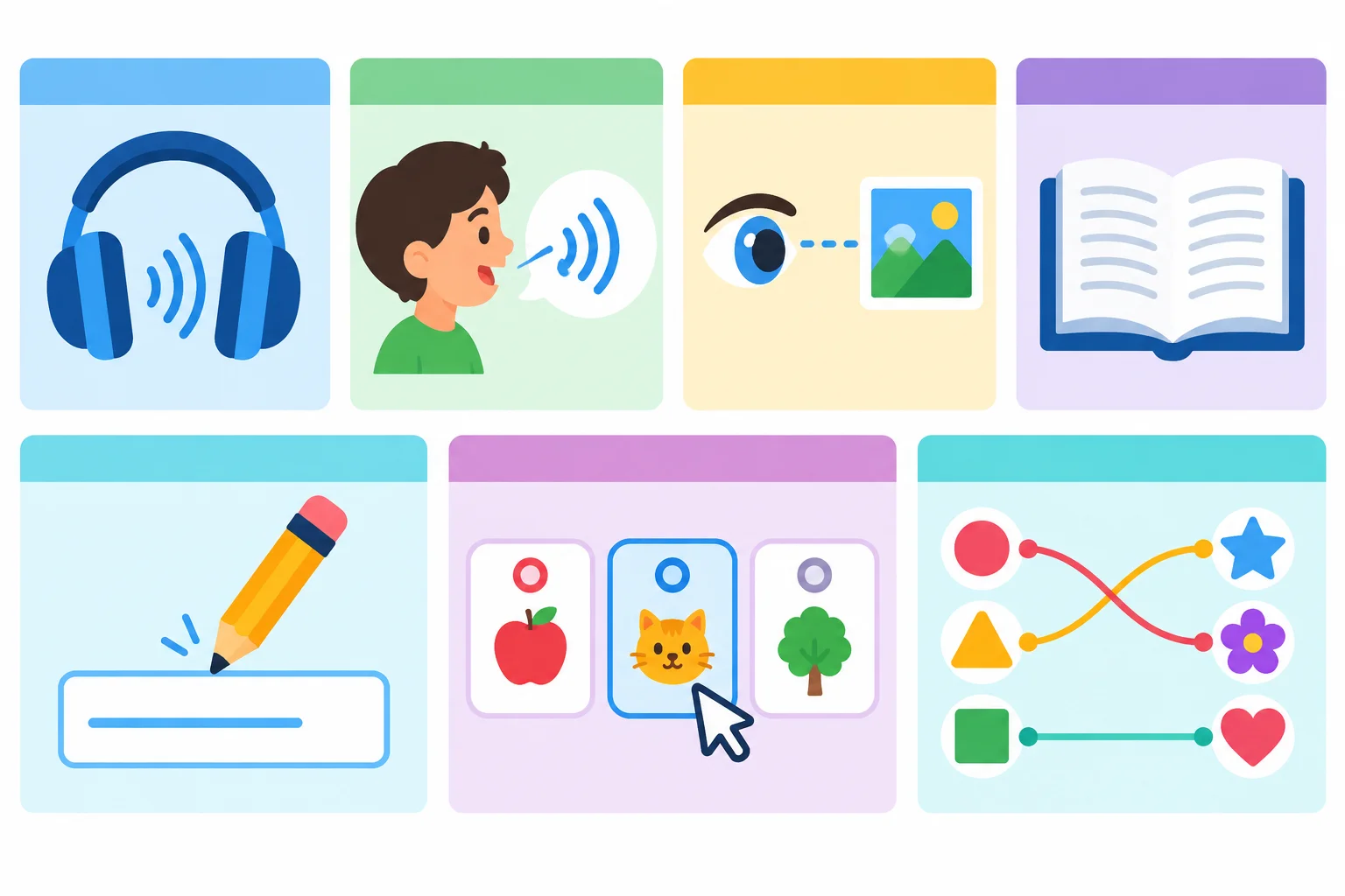 Ilustração com ícones de fones, fala, olho, livro, lápis, opção selecionada e pares ligados.