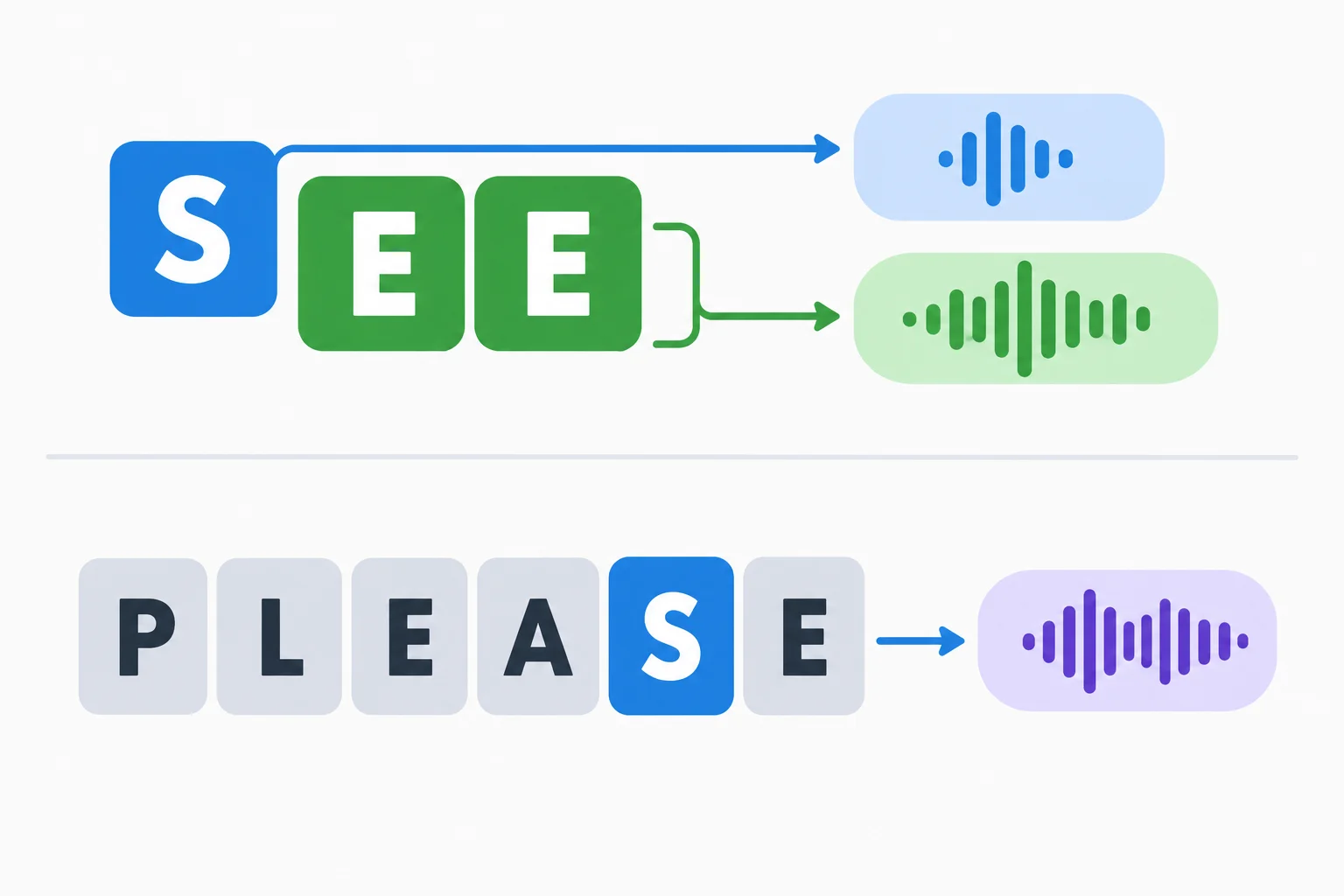Diagrama que relaciona as letras de see a dois blocos sonoros e destaca a letra S em please com um som diferente.